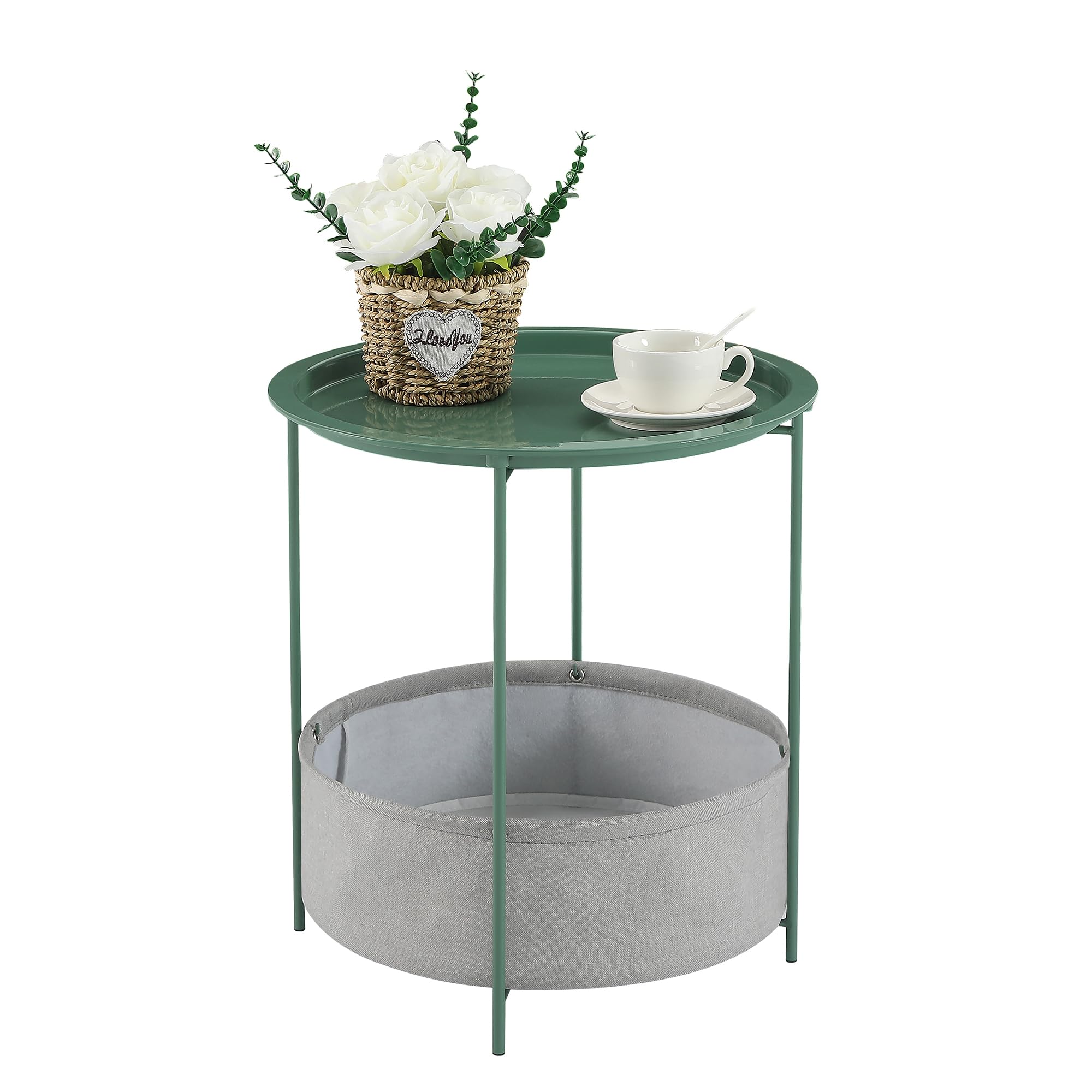 VECELO Round Side/End Table with Fabric Storage Basket，Metal Anti-Rust and Waterproof Small Bedside Nightstand with Removable Tray Top for Living Room