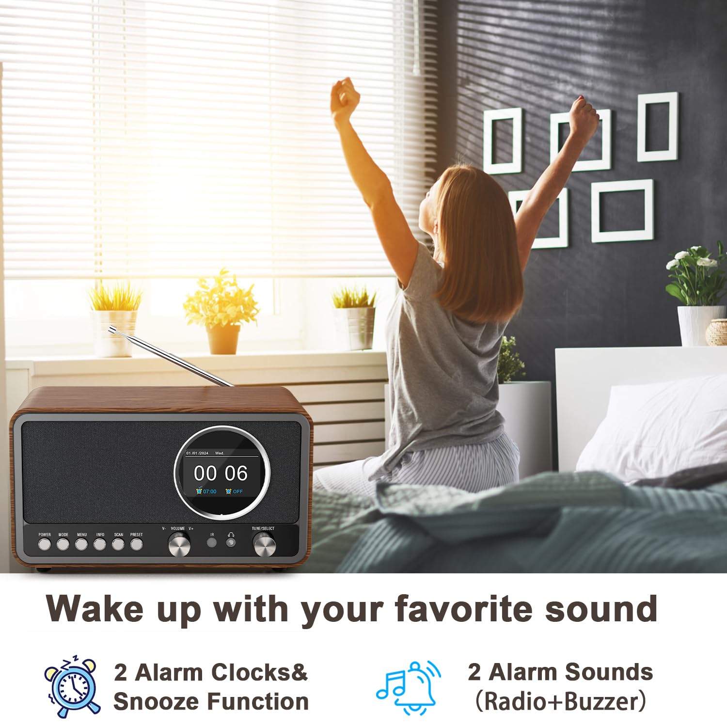 Radio portatile DAB+ FM Monodeal con 60 preset, sveglia e altoparlante HiFi 5W