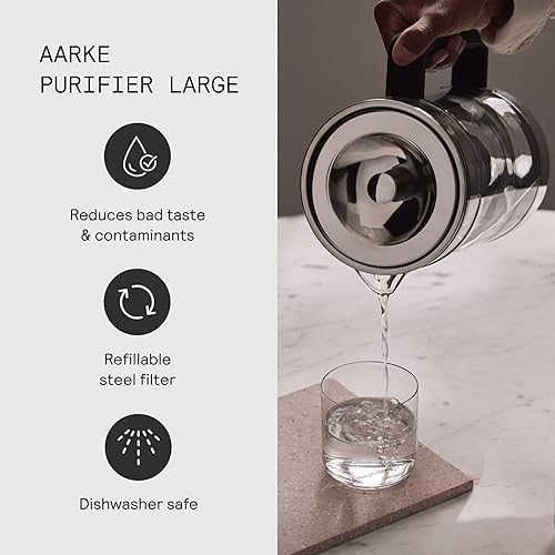 Miniatura 4 de aarke Jarra de agua de vidrio purificador, filtro de acero inoxidable recargable, rendimiento de 8 semanas, sin BPA, apto para lavavajillas,