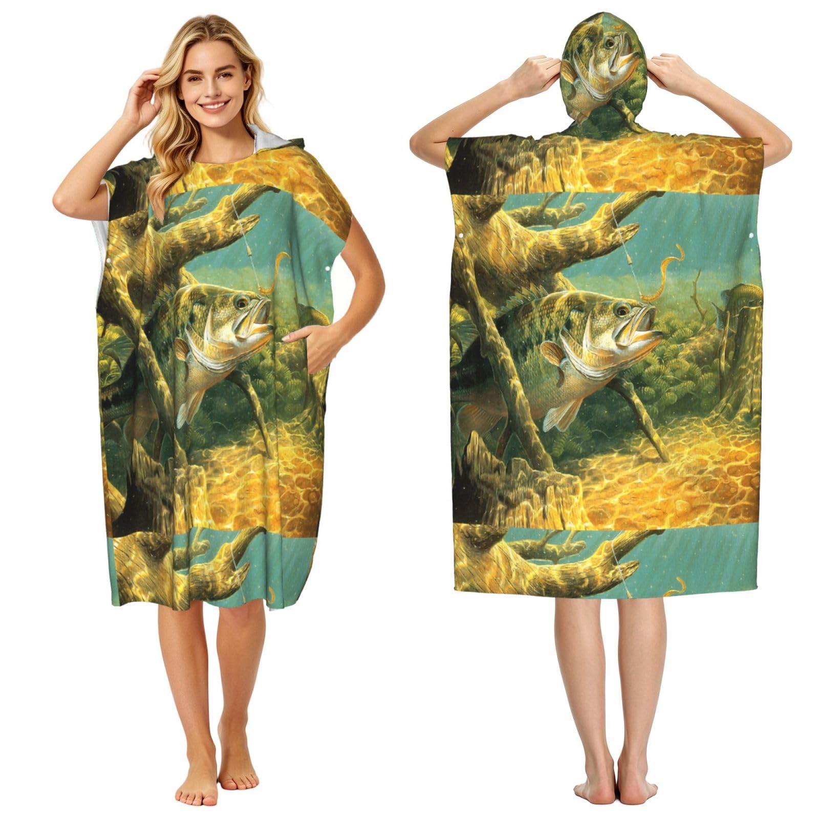 Poadnly Bass Fish Fishing Printed, Adult Hooded Beach Towel 90 x 110 cm,Changing Bath Robe, Surf Poncho Towel For Women Men