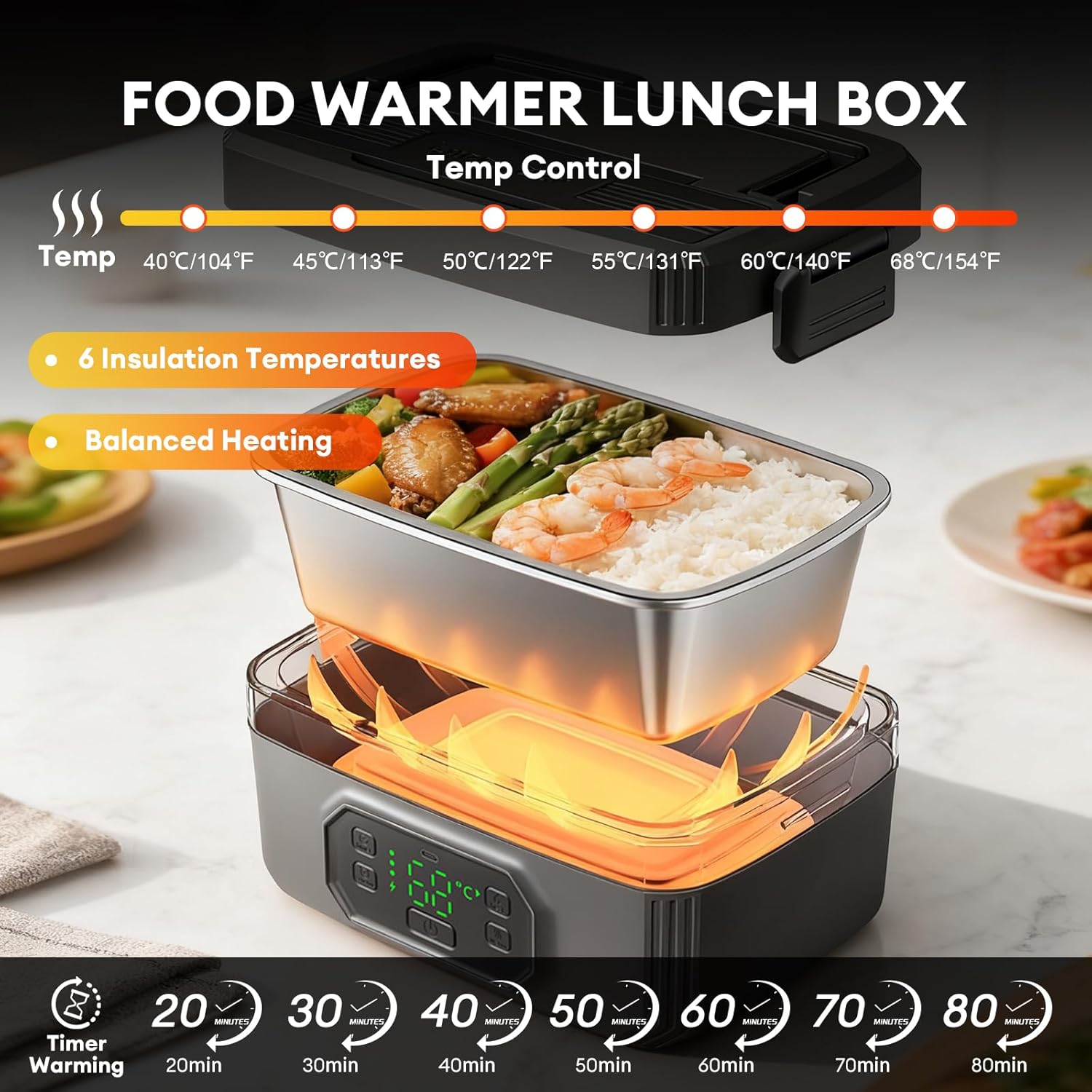 Electric Lunch Box for Adults – Rechargeable Cordless Heated Lunch Box, 1.2L Self-Heating Food Warmer for Office, Travel, Car & Outdoor Use - Image 2