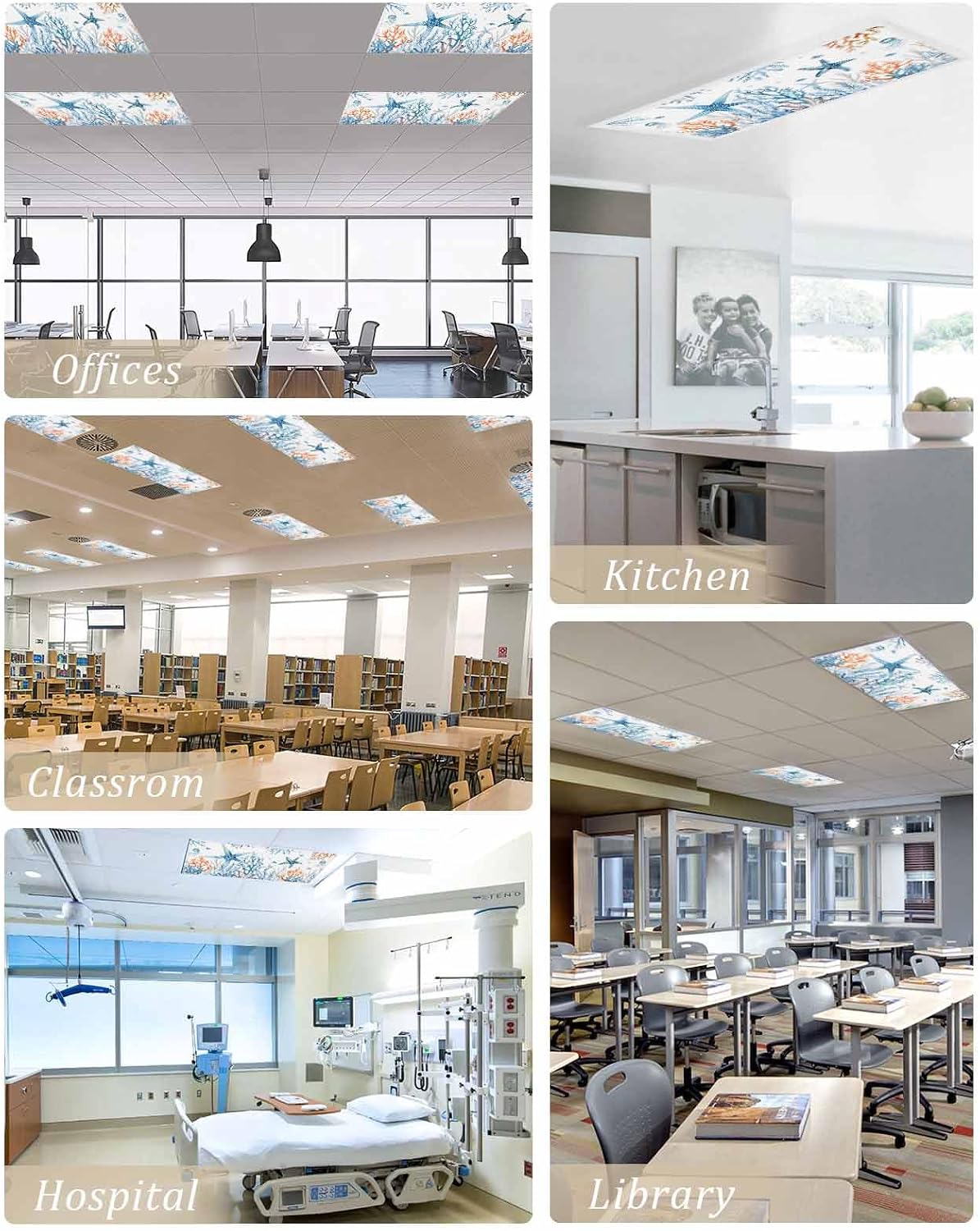 Blue Coastal 4 Pack Fluorescent Light Cover for Ceiling Lights, Summer Ocean Magnetic Classroom Light Filters 4x2 Feet, Starfish Coral Jellyfish Decorative Ceiling Shade Panel for Office