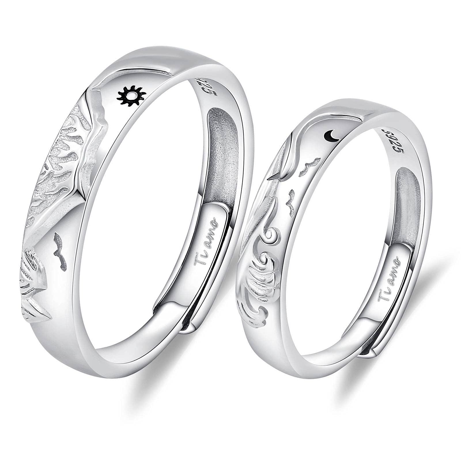 Anillos Compromiso Pareja, Joya Plata 925, Anillo Ajustable Simple Anillo Pareja Sol y Luna de Montaña y Mar, Alianzas Boda Regalo Aniversario Pareja