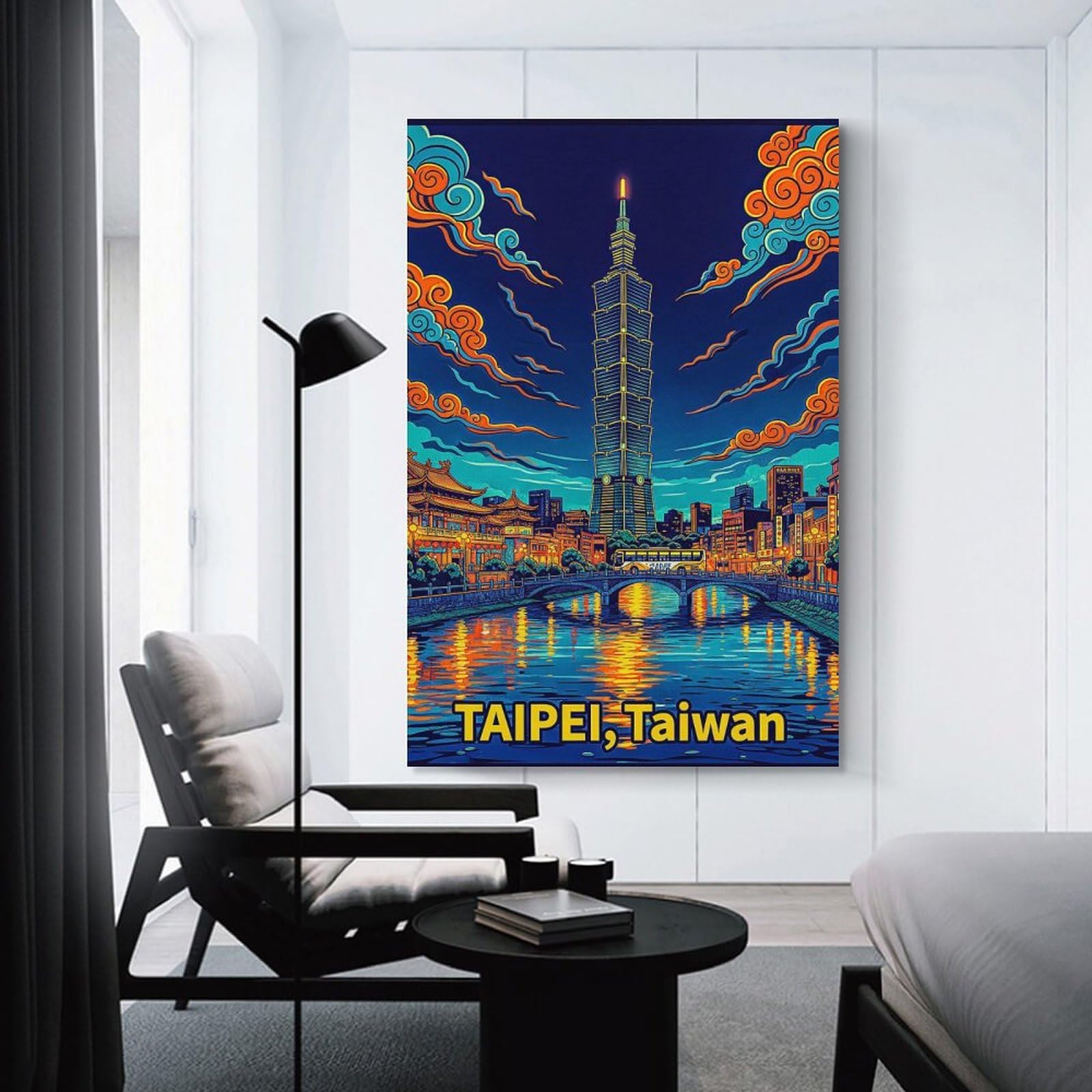 Junmoney Canvas Wall Picture Taipei Cityscape at Night, 24x36inch(60x90cm), for Bedroom Decor, Cosy Corners Or Studios, A Warm Accent for Relaxed Interiors