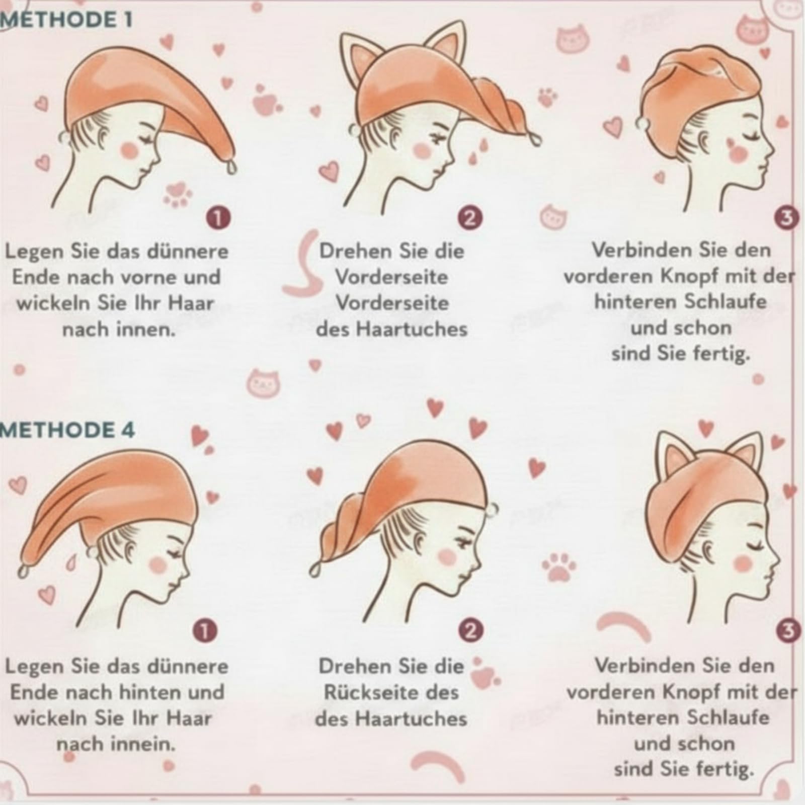 Tatuo 2 Asciugamano per Capelli in Microfibra Asciugatura Rapida da Doccia Asciugamano Turbante Carino Avvolgere la Testa per Donna Bagno Mare Piscina(Rosa Scuro, Blu-Grigio,Gatto)