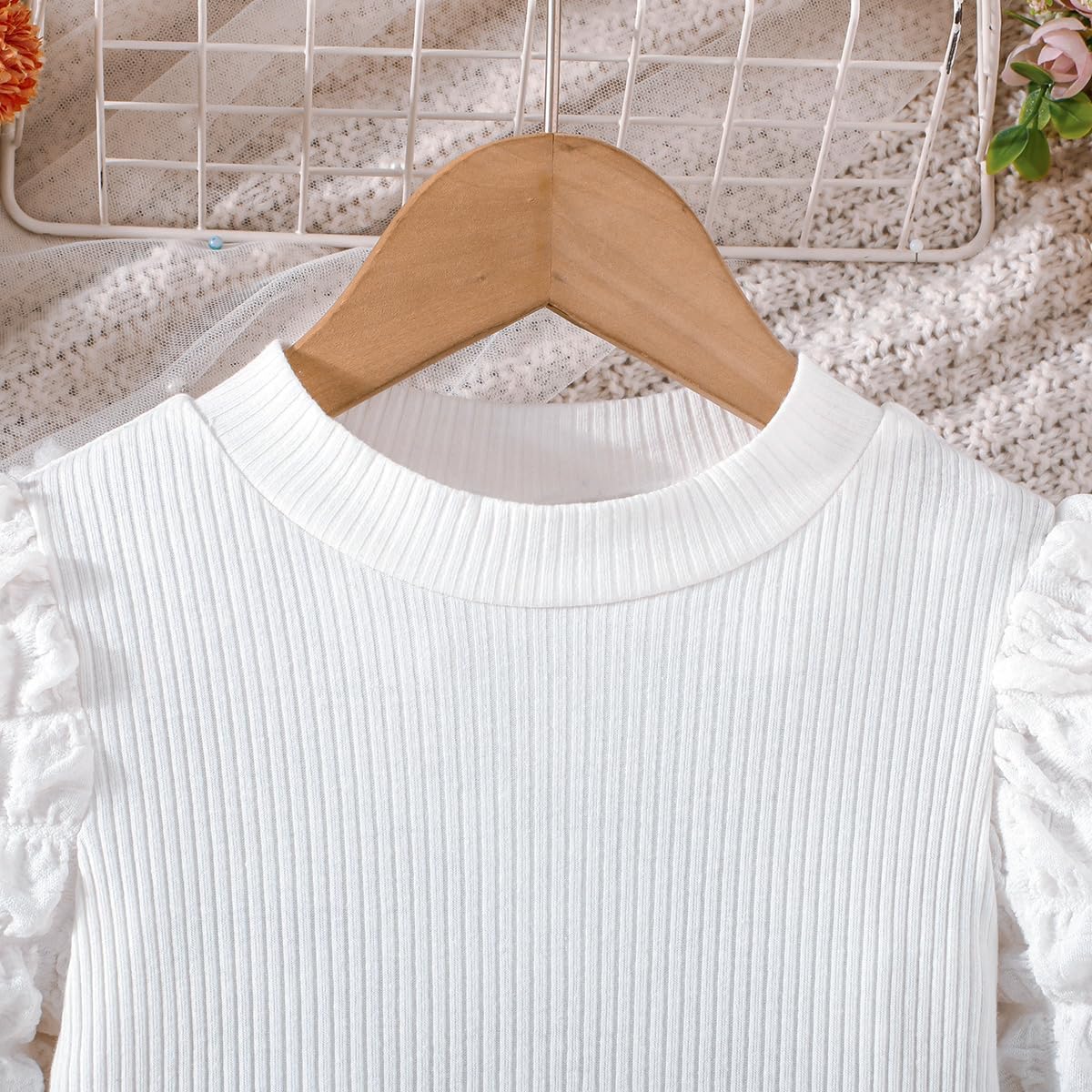 Noubeau Toddler Girls Plaid Outfits Girls Puff Sleeve Knit Ribbed Shirt Tops Plaid Skirt Set Kids Fall Winter Clothes - Image 4