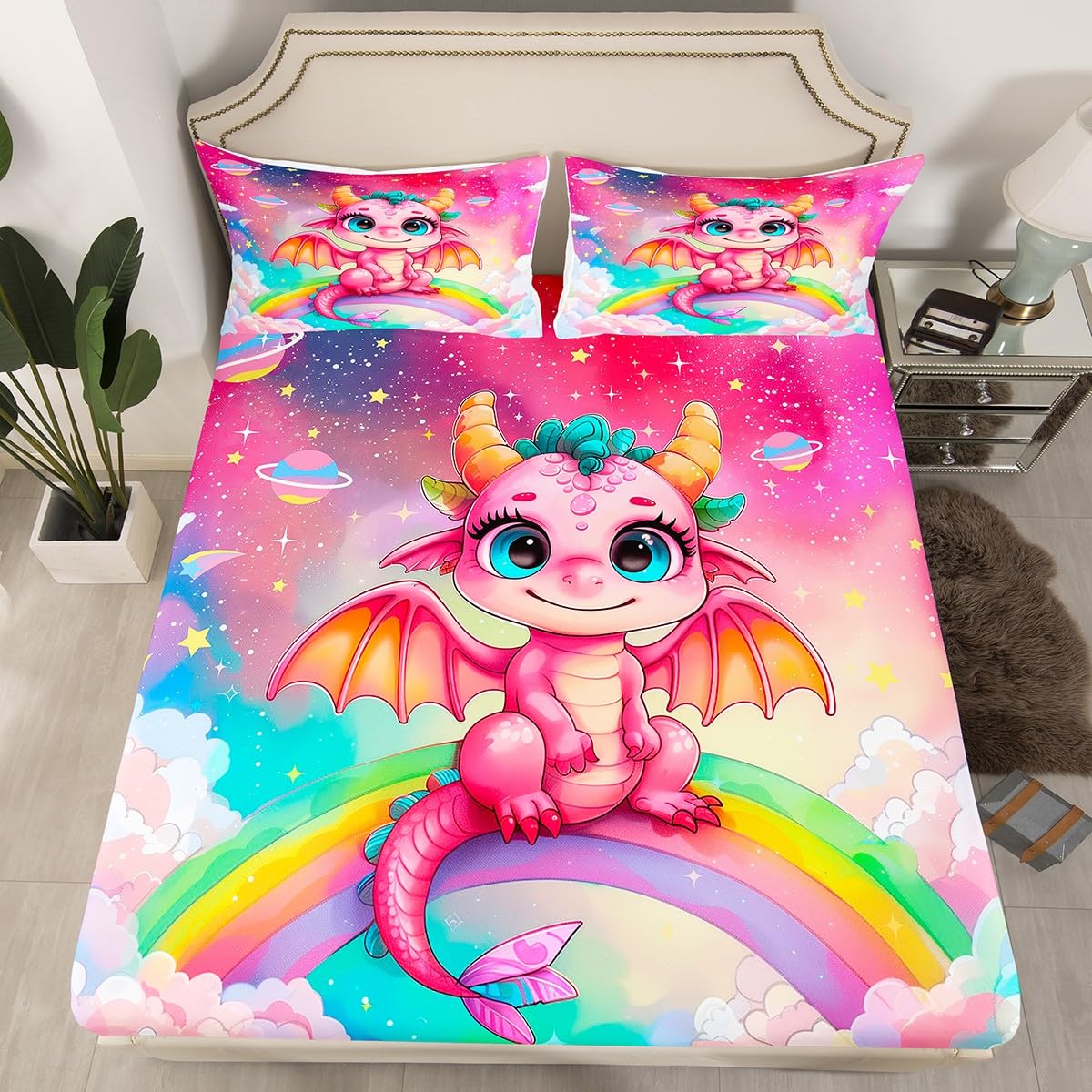 Kawaii Dragon Full Size Fitted Sheet,Dreamy Sky Rainbow Starry Nebula Planets Glitter 3 Pieces Kids Teenager Room Decor Cartoon Dragon Western Animal Pink Pocket 2 Pillowcases