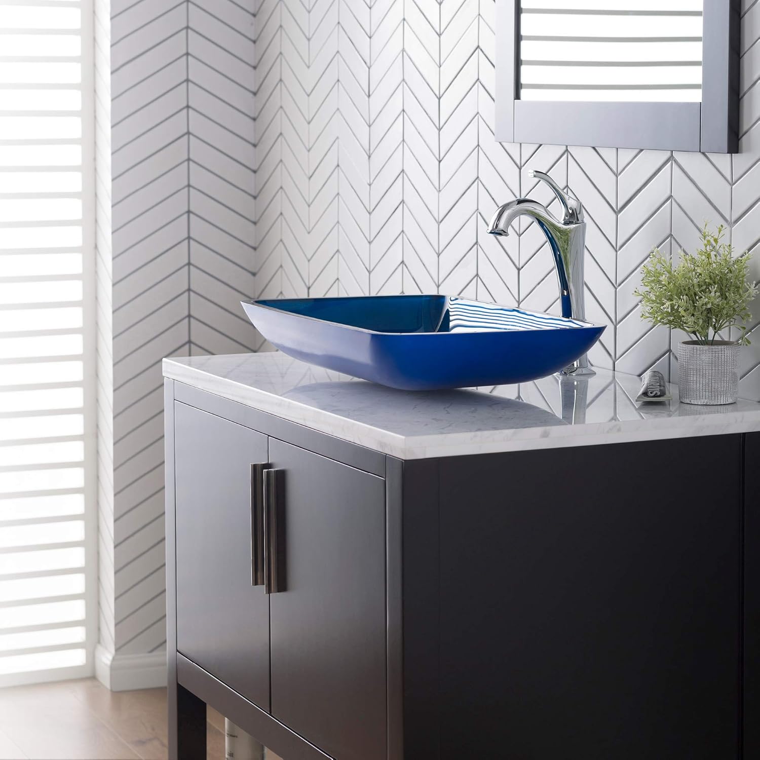 KRAUS 22-inch Rectangular Blue Glass Bathroom Vessel Sink and Arlo Faucet Combo Set with Pop-Up Drain, Chrome C-GVR-204-RE-1200CH