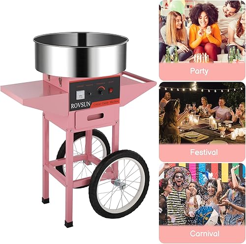 Miniatura 8 de ROVSUN Carrito de máquina de algodón de azúcar de 21 pulgadas, máquina eléctrica de algodón para hacer hilo dental con tapa, cuenco de acero