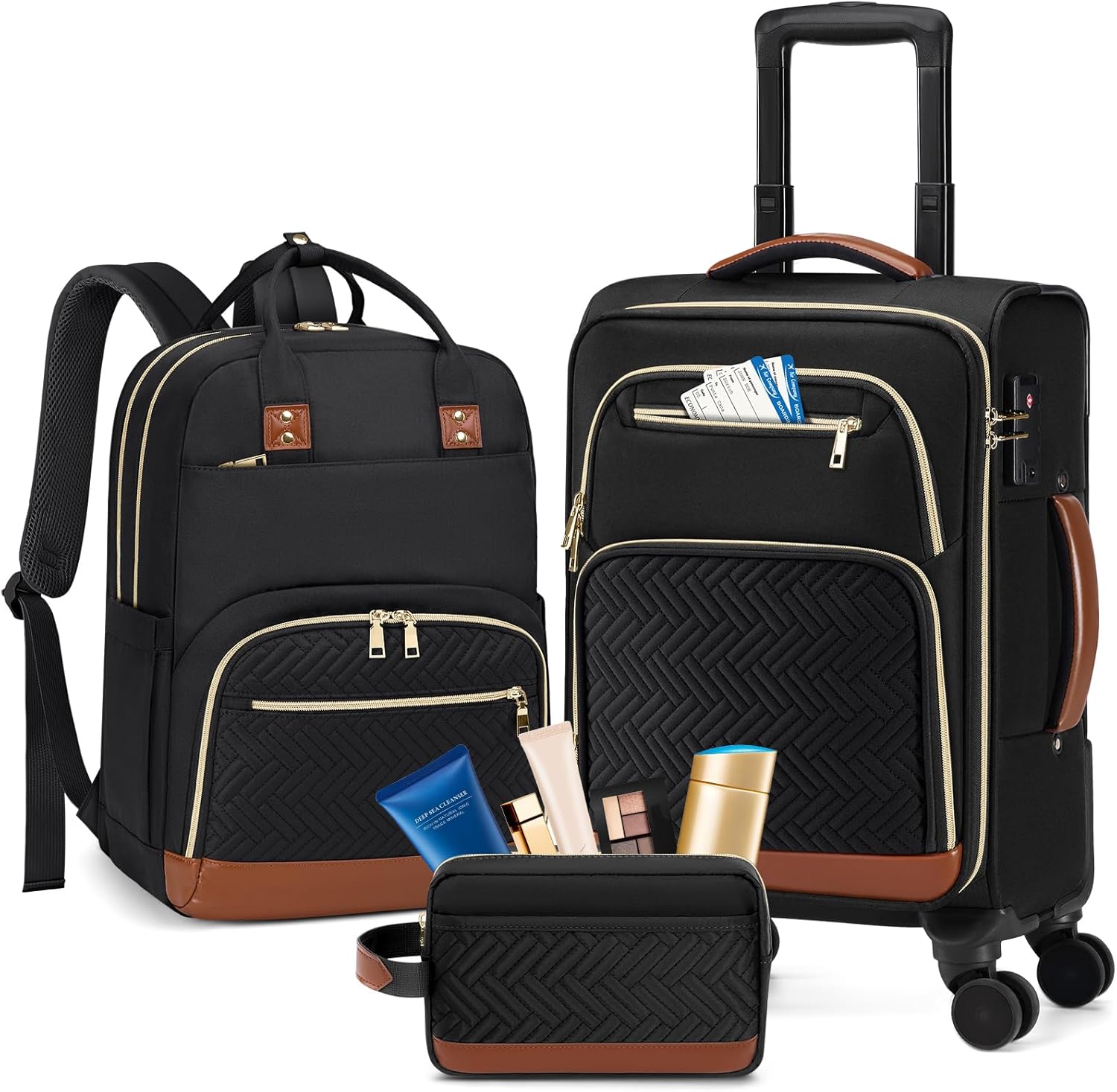 RAINSMORE Carry On Luggage 22x14x9 Airline Approved, 20 Inch Softside Suitcases with Wheels, 3 Piece Luggage Sets, Rolling Carry On Suitcase with TSA Lock for Travel Weekender Black-Brown