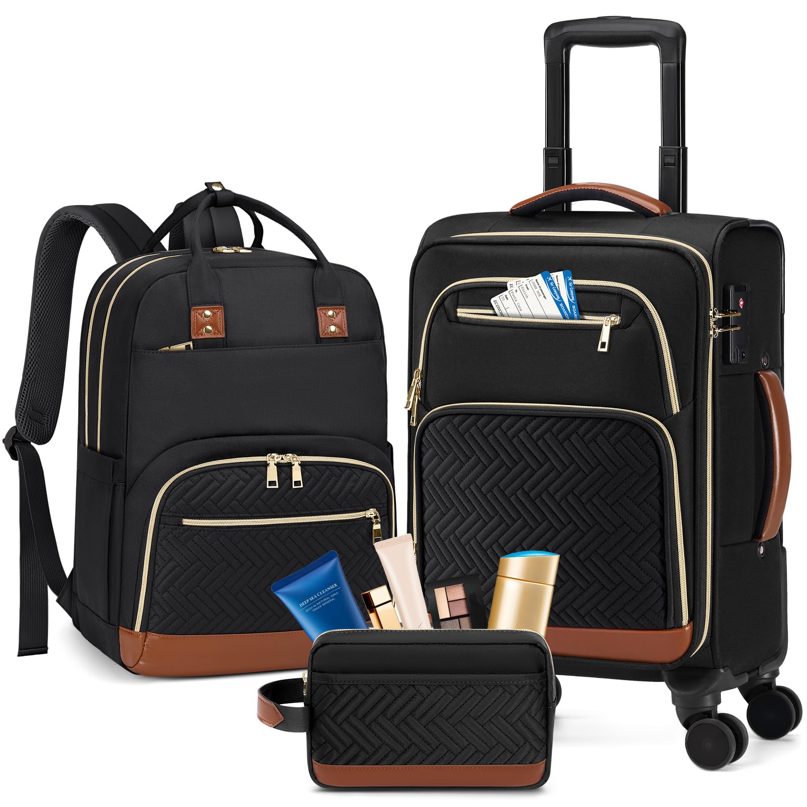 RAINSMORE Carry On Luggage 22x14x9 Airline Approved 20 Inch Softside Suitcases with Wheels 3 Piece Luggage Sets Rolling