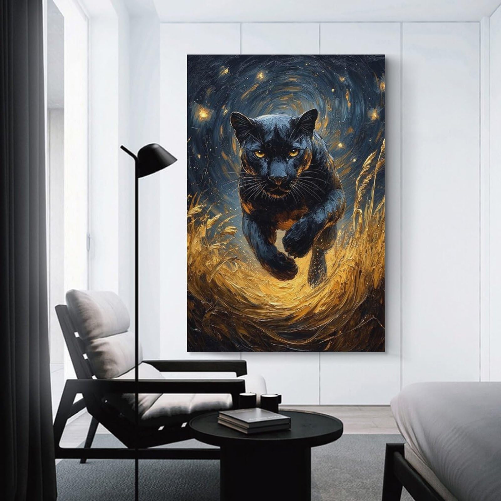 Junmoney Black Panther in Golden Field Hanging Wall Art 20x30inch(50x75cm), for Small Homes, Bedrooms Or Open Spaces, An Easy Choice for New Home Styling