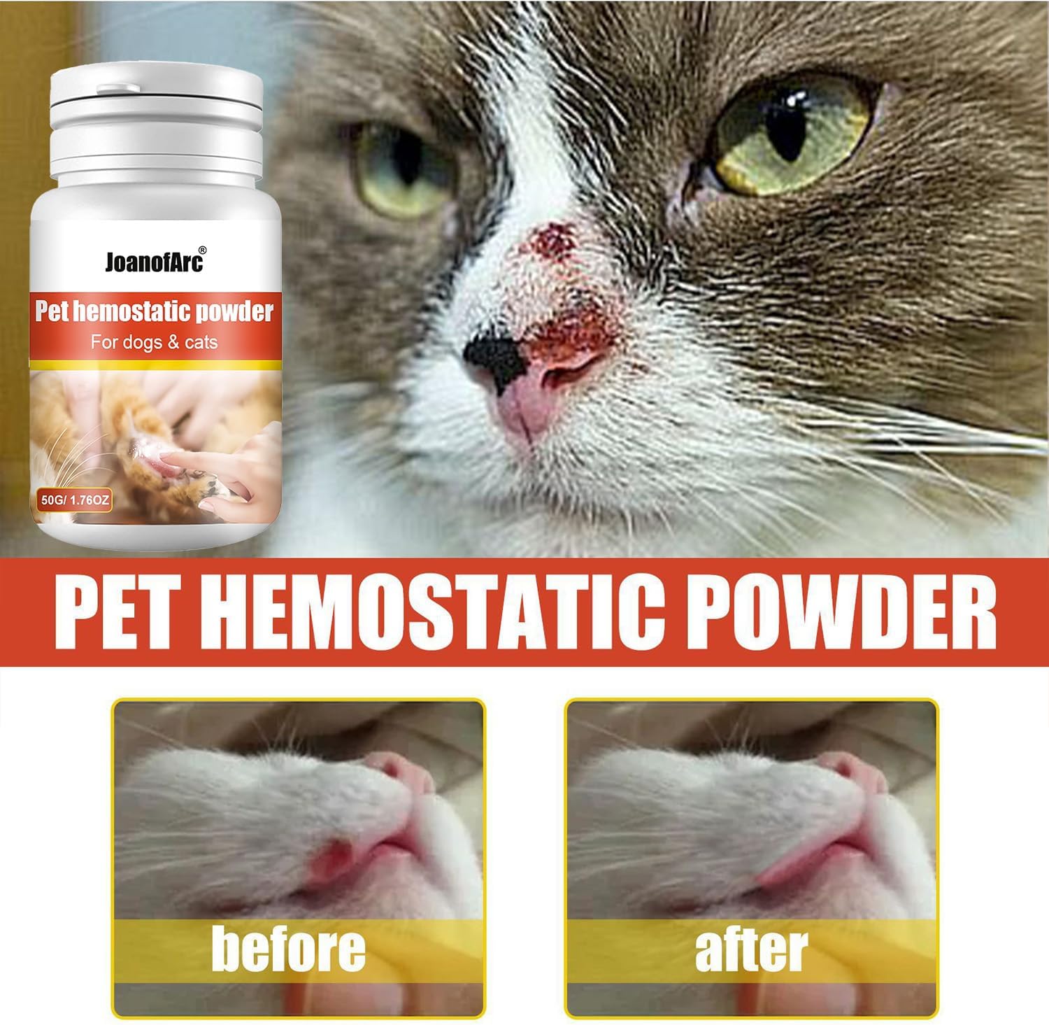 JoanofArc Pet Styptic Powder for Dogs & Cats - Fast-Acting Blood Stop for Nails, Minor Cuts, Scratches, Gentle & Sting-Free, Quick Stop Bleeding Powder for Dogs with Herbal Support - 1.76 Oz/50g