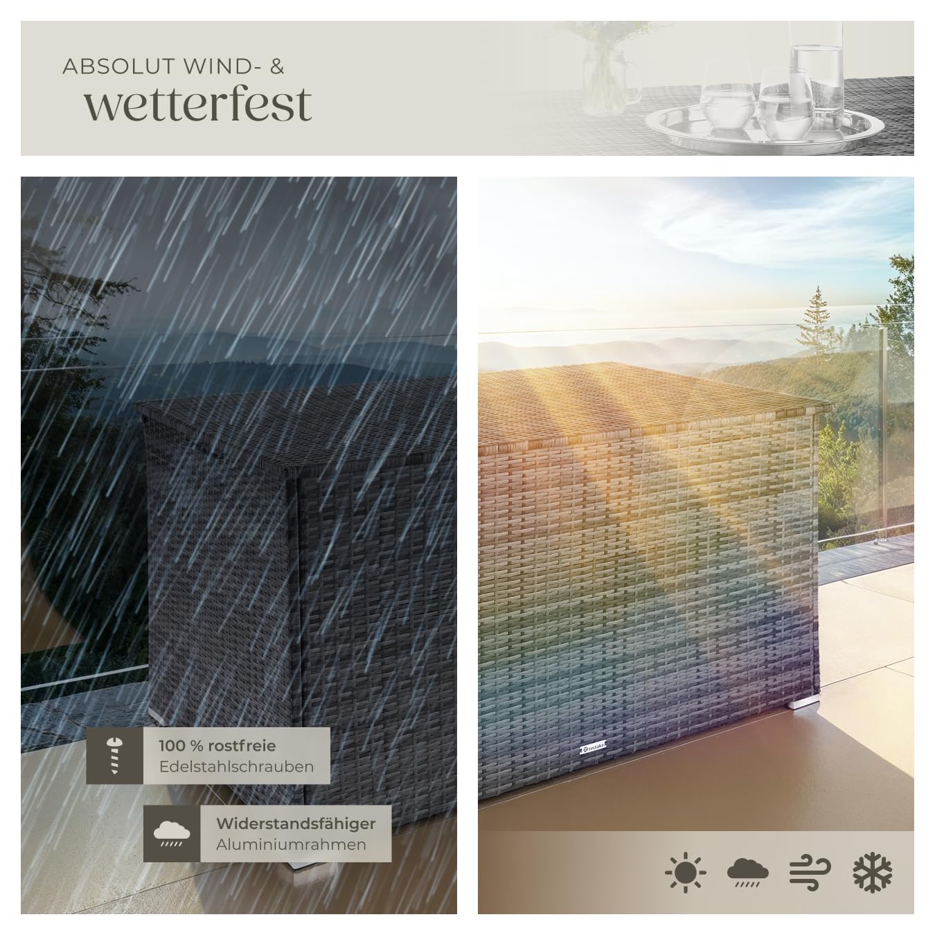 tectake® Aluminium Polyrattan Aufbewahrungsbox mit Deckel, 750L, Gartenkiste wetterfest, Gartenbox mit Gasdruckfedern, Garten Auflagenbox, UV-beständig, rostfrei, Stauraum, 145x82,5x79,5 cm - grau