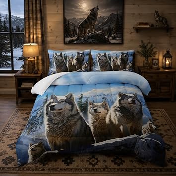 Nttopship Snowy Wolf Comforter Set for Adults 3Pcs,Forest Snow Wolf Theme Full Size Bedding Set Soft Warm for All Season Room Decor with 1 Comforter and 2 Pillow Case