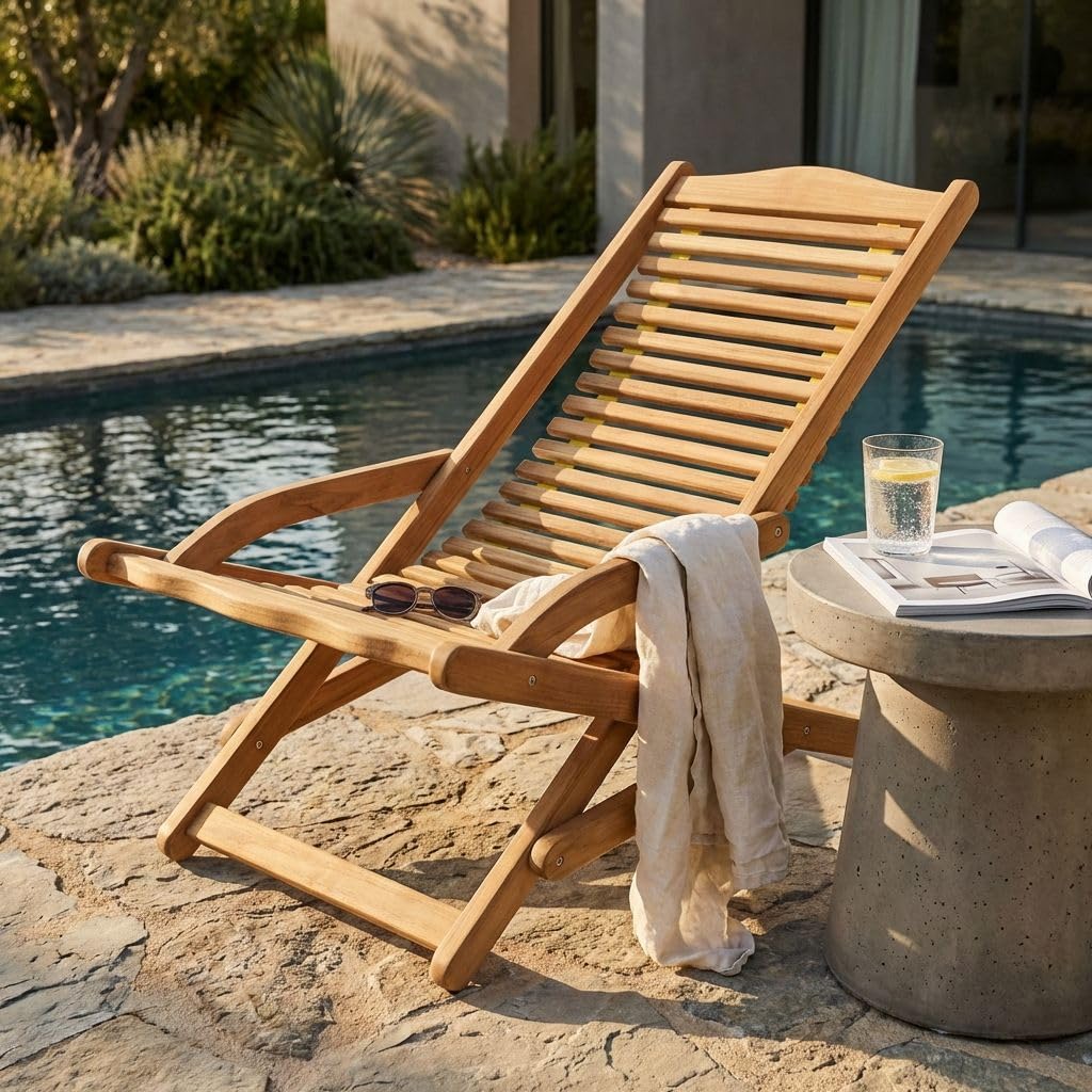 milani home - sdraio pieghevole in teak e corda con braccioli, seduta relax per giardino e terrazzo