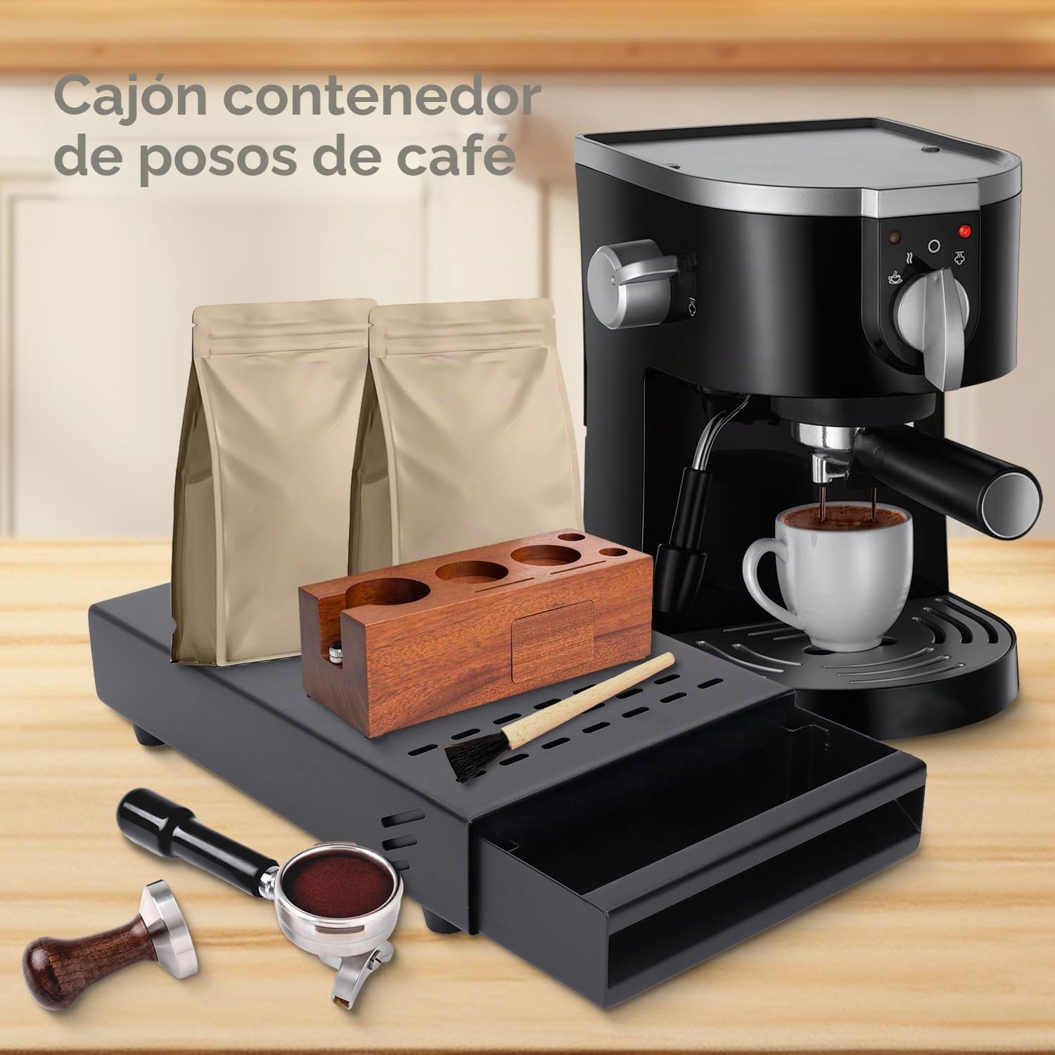 Cajón de Caja de Café, Caja para Posos de Café de Inoxidable con Palo de Golpe Contenedor de Posos de Espresso para el Hogar Oficina Restaurante Cafetería (Negro)