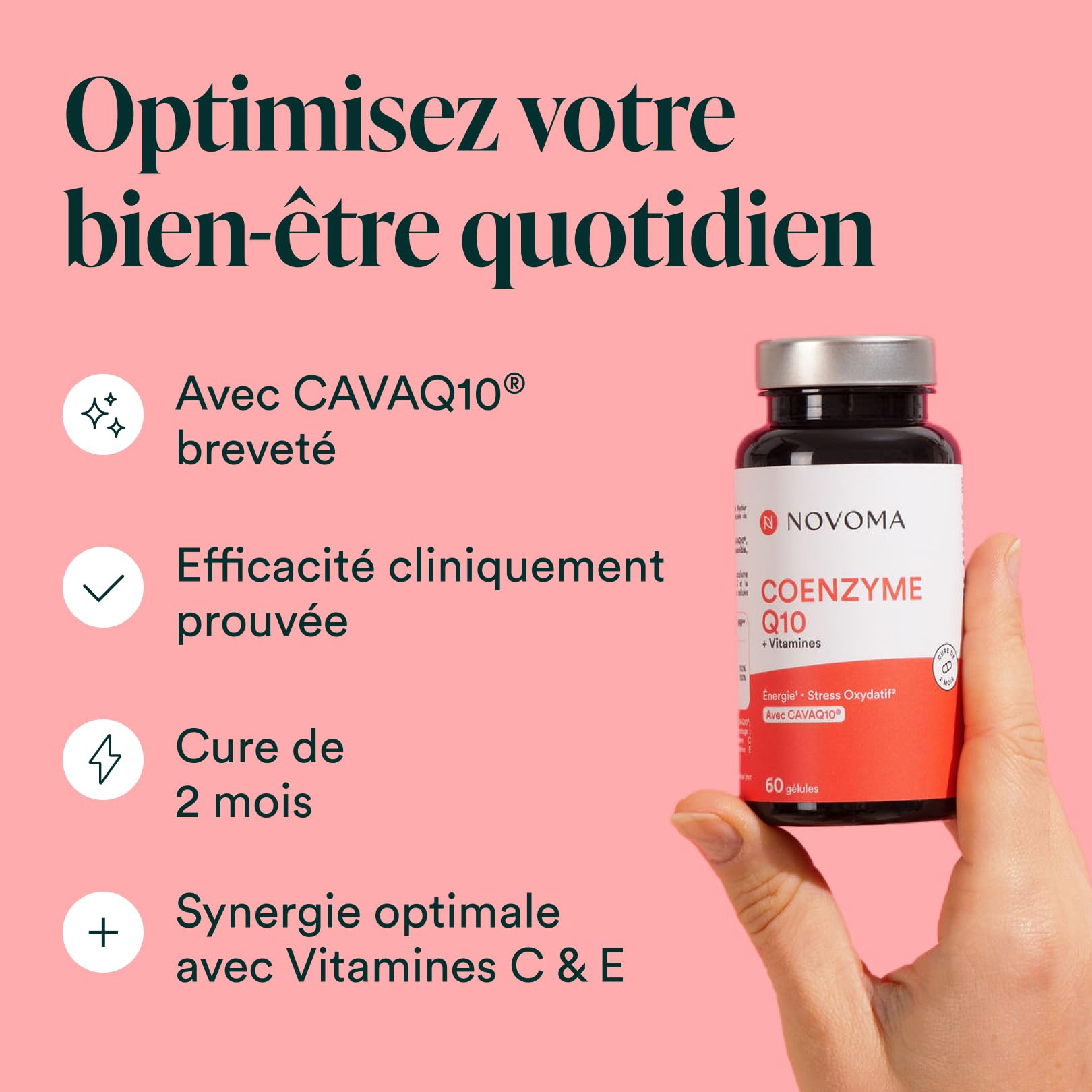 NOVOMA Coenzyme Q10, Énergie Cellulaire et Antioxydant, avec CAVAQ10® Haute Biodisponibilité, Vitamines C et E, Cure de 2 mois, 60 Gélules, Fabriqué en France