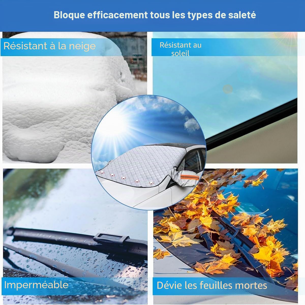 Couverture Pare-Brise Voiture avec 5 Aimant,Bache Pare Brise Protection Couverture Repliable,Protection Pare Brise Hiver,Voiture Protege Pare Brise Givre avec Couvercle de Rétroviseur,150 * 111CM