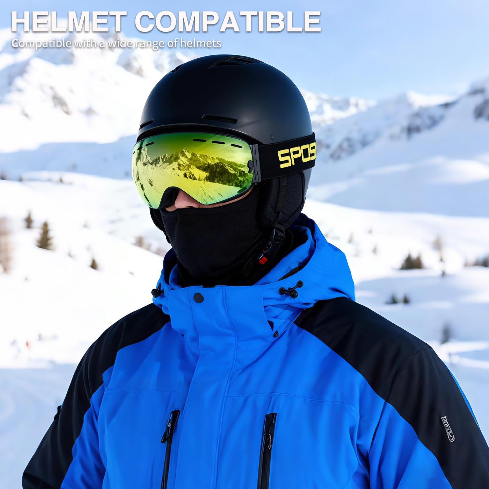 SPOSUNE Lunettes de ski avec double lentille sphérique anti-buée interchangeable, protection 100 % UV400, pour homme, femme, jeune, compatible avec les casques, anti-reflets, résistant aux chocs