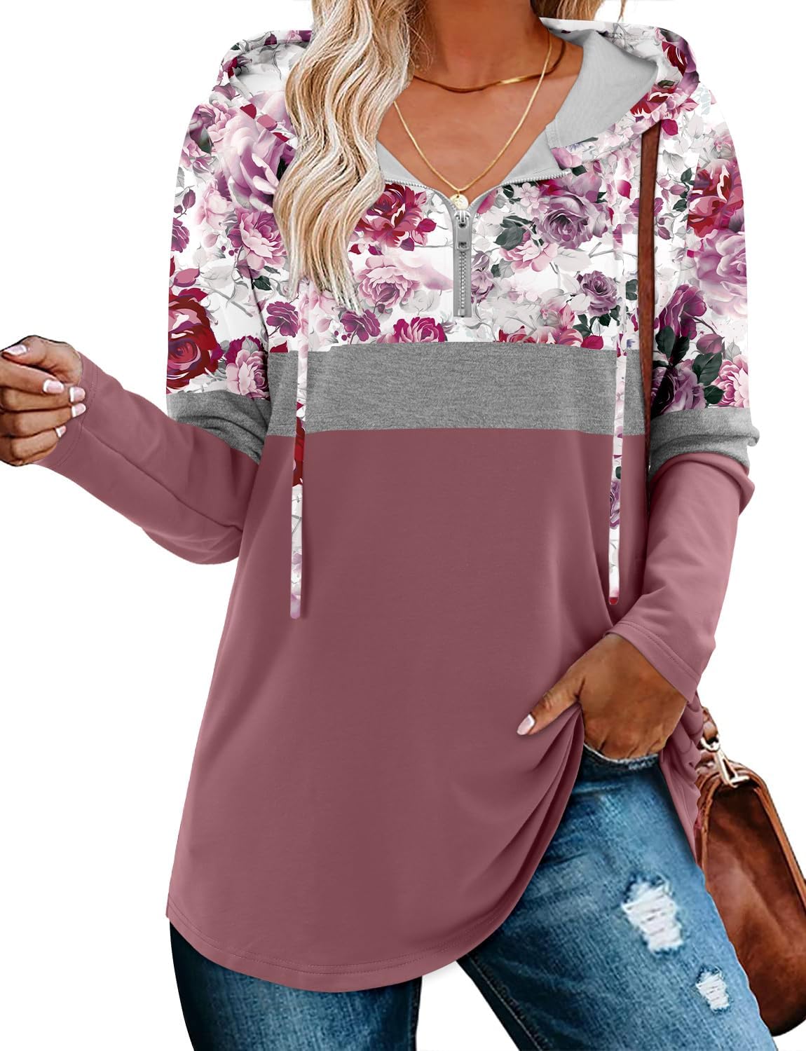 BETTE BOUTIK Womens Quarter Zip Tunic Hoodies Pullover Long Hooded Sweatshirts S-3XL