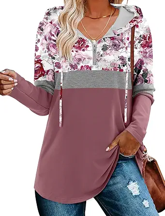 BETTE BOUTIK Womens Quarter Zip Tunic Hoodies Pullover Long Hooded Sweatshirts S-3XL