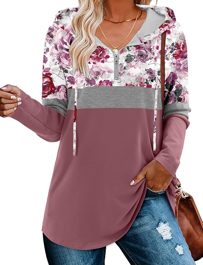 BETTE BOUTIK Womens Quarter Zip Tunic Hoodies Pullover Long Hooded Sweatshirts S-3XL