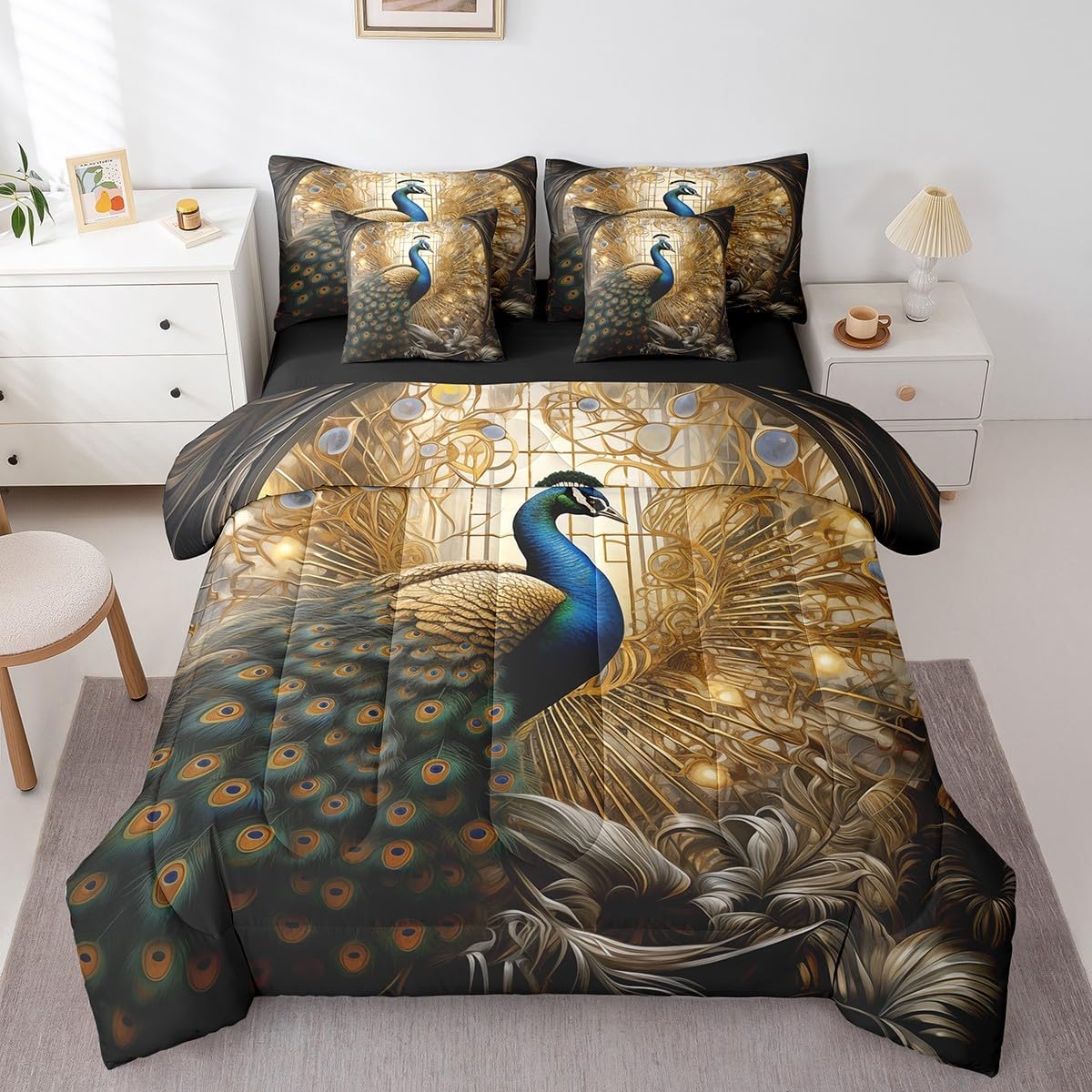 Erosebridal Peacock 7 Pcs Comforter Set Exotic Birds Animal Bedding Queen, Elegant Gorgeous Golden Feather Sheet Set Bed in A Bag Victorian Style Peacock Decor Duvet Insert Home Decor