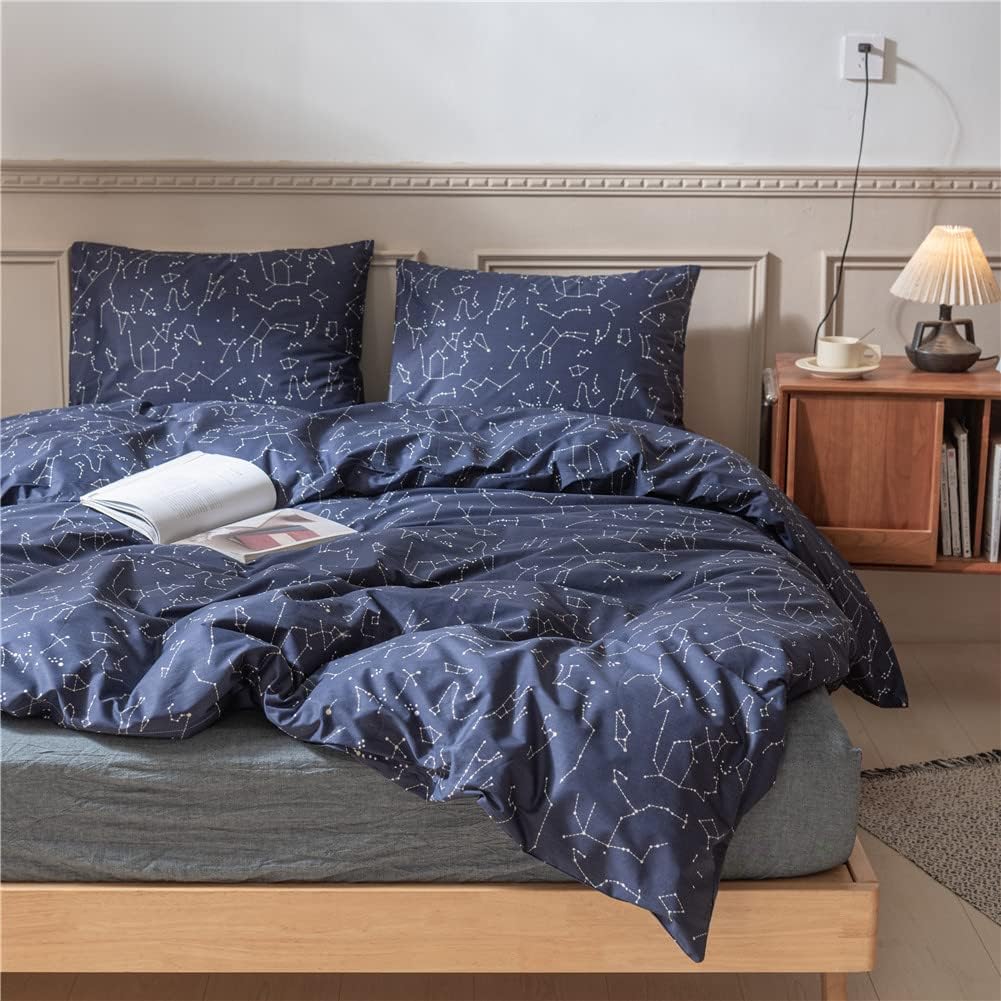 ❤ Crazy Deals Queen Full Kids Constellation Pattern Printed Duvet Cover Sets 100% Cotton Reversible Checkered Plaid Bedding Comforter Cover Sets Navy Blue White Luxury Soft Woman Man Boy Girl Bedding Collection