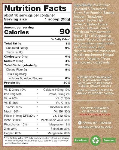 Miniatura 3 de Nature Zen Proteína vegana orgánica en polvo de fresa, arroz orgánico y proteína de guisante, baja en carbohidratos netos, sin lácteos, sin soja,