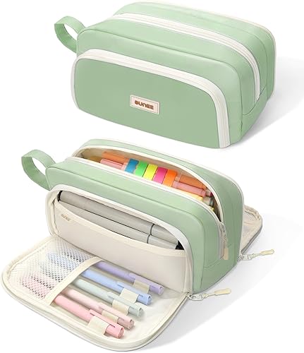 SUNEE Cute Pencil Case, Aesthetic Pen Pouch, Kawaii Colored Large Pencil Bag with Zipper, Stationery Storage and Organizer, Green School Supplies