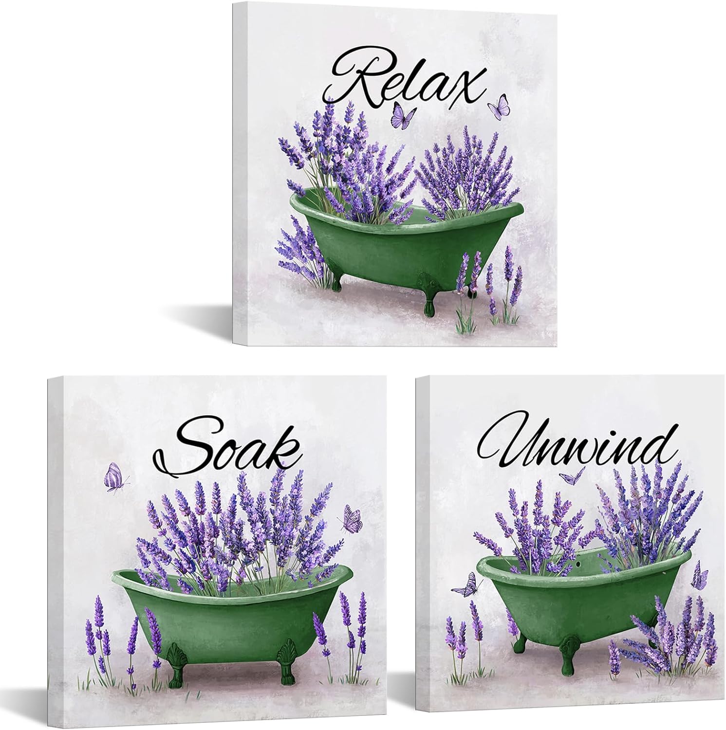 Nachic Wall Green and Purple Bathroom Wall Art Lavender Wall Decor Bathtub Canvas Prints Relax Soak Unwind Paintings (Green)