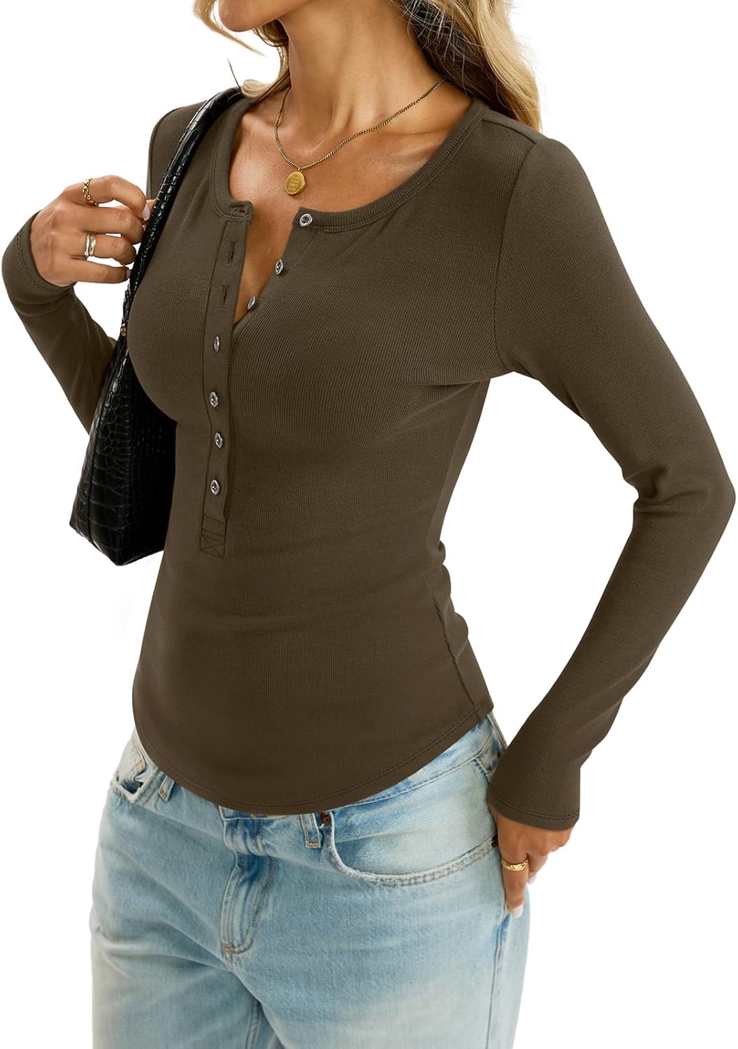 Womens Henley Long Sleeve Shirt Cotton Ribbed Crewneck Tops Sexy Button Down Tee Layering Basic Fitted T Shirts 2026 - Image 5