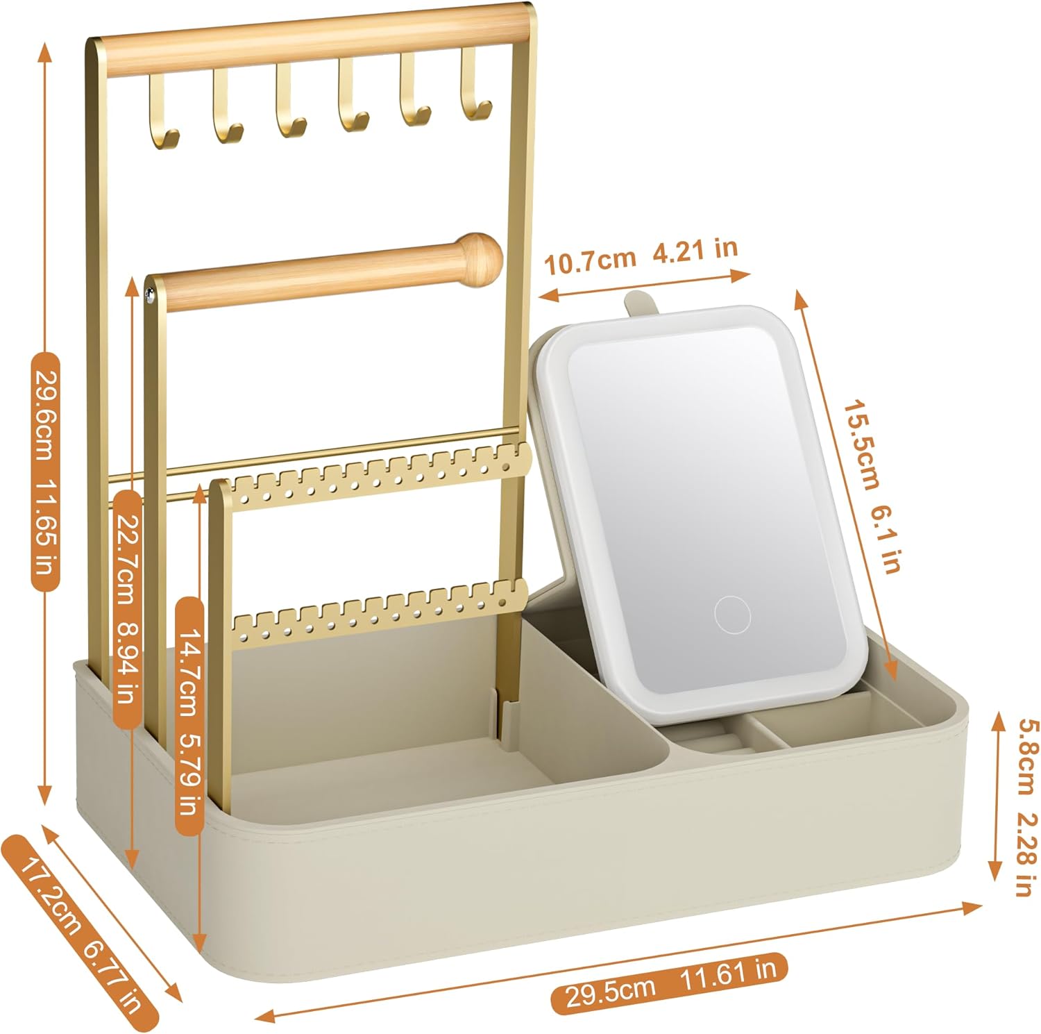 Jewelry Stand With Makeup Mirror, 4 Tiers Jewelry Holder Organizer, Jewelry Display Stand for Bracelet, Necklace, Earrings, Rings, 1000mAh 3-Color Lighting Makeup Mirror, Beige