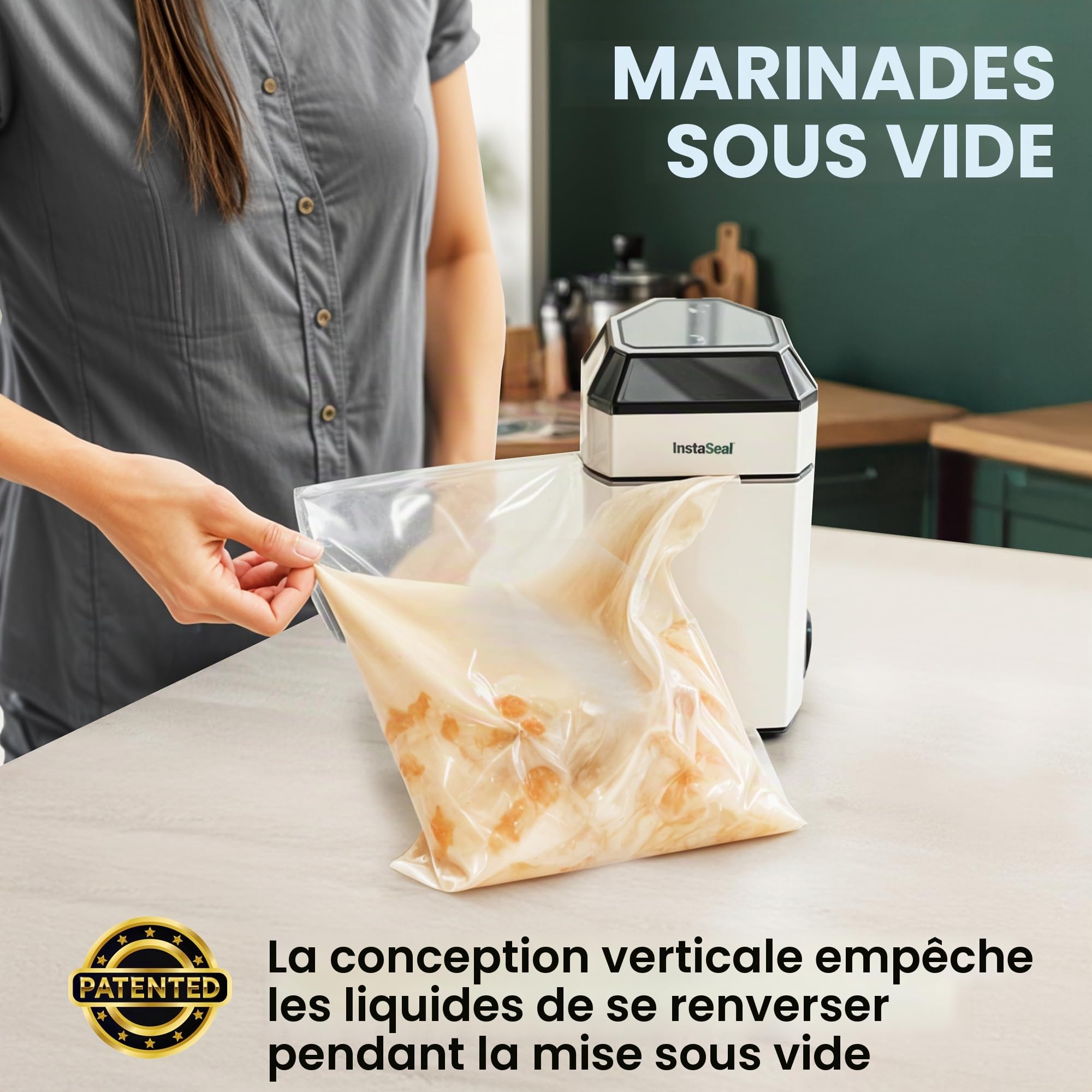 InstaSeal Machine à emballer sous vide pour aliments avec 12 sacs, la machine à emballer sous vide brevetée permet de sceller sous vide les liquides, scellant sous vide pour les aliments et garde les