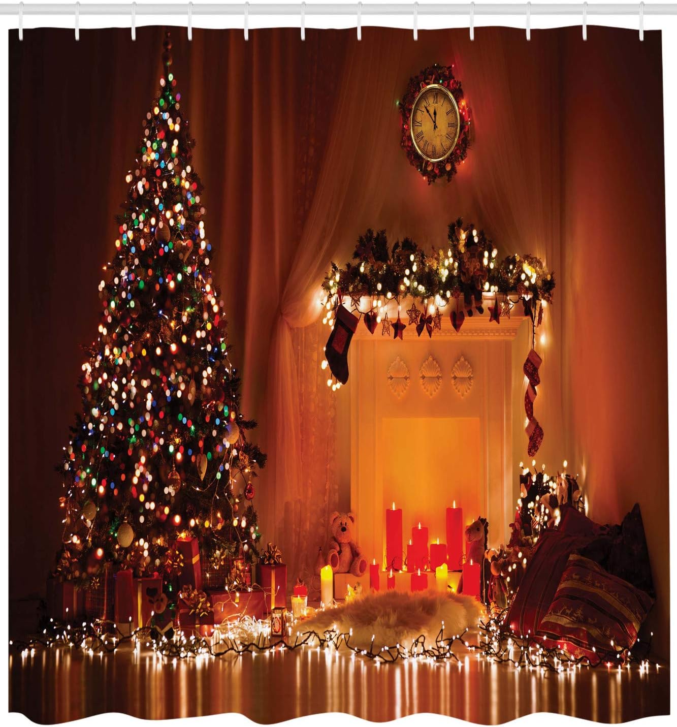 Ambesonne Christmas Shower Curtain, Romantic Xmas Room with Candles Presents Toys Picture Print, Cloth Fabric Bathroom Decor Set with Hooks, 69" W x 70" L, Orange