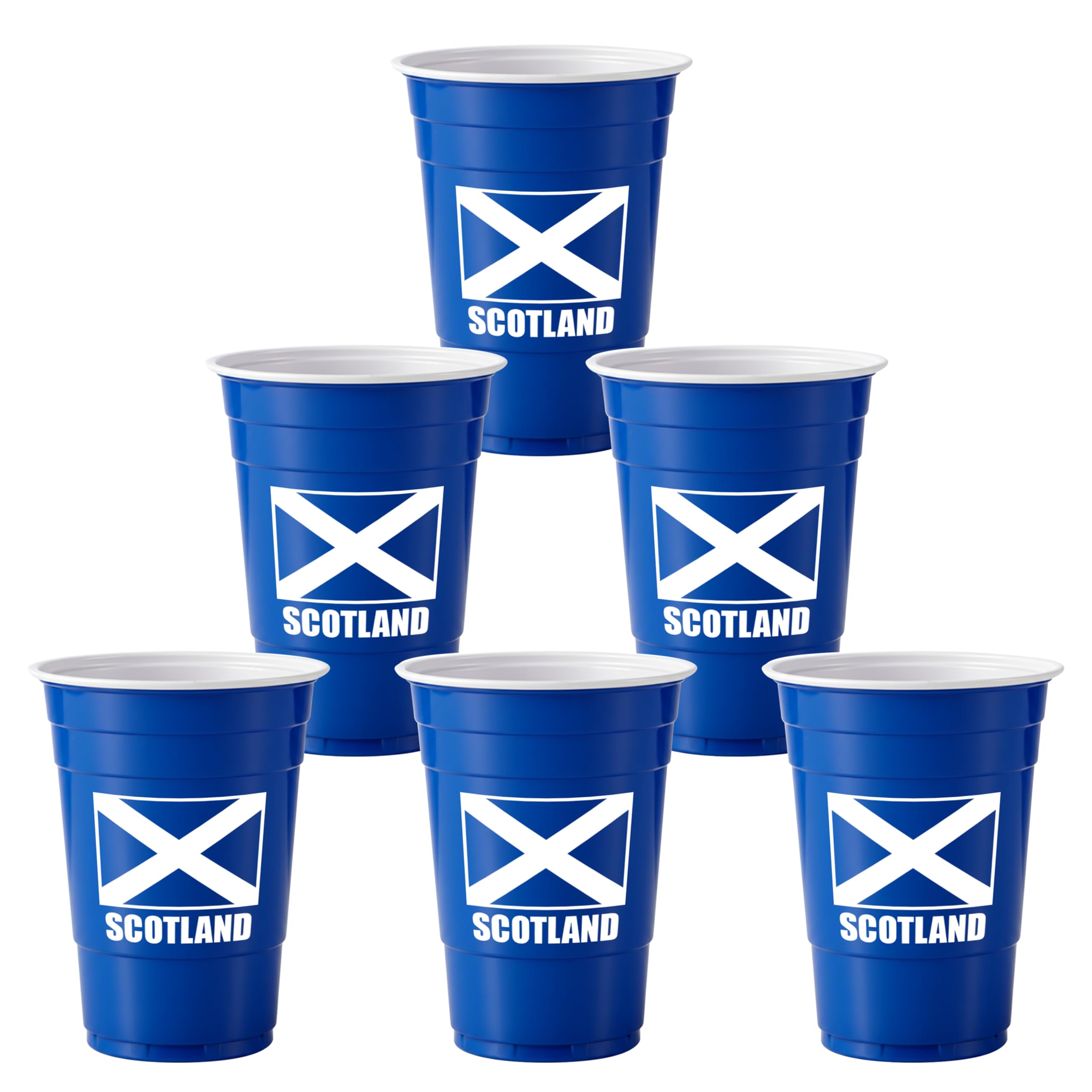 Komonee 6 x Scotland Blue Cups 500ml (16oz) - Wide Rimmed Disposable Plastic Glasses for World Cup, Football, Euros, Rugby, Scottish Parties & Adult Novelty