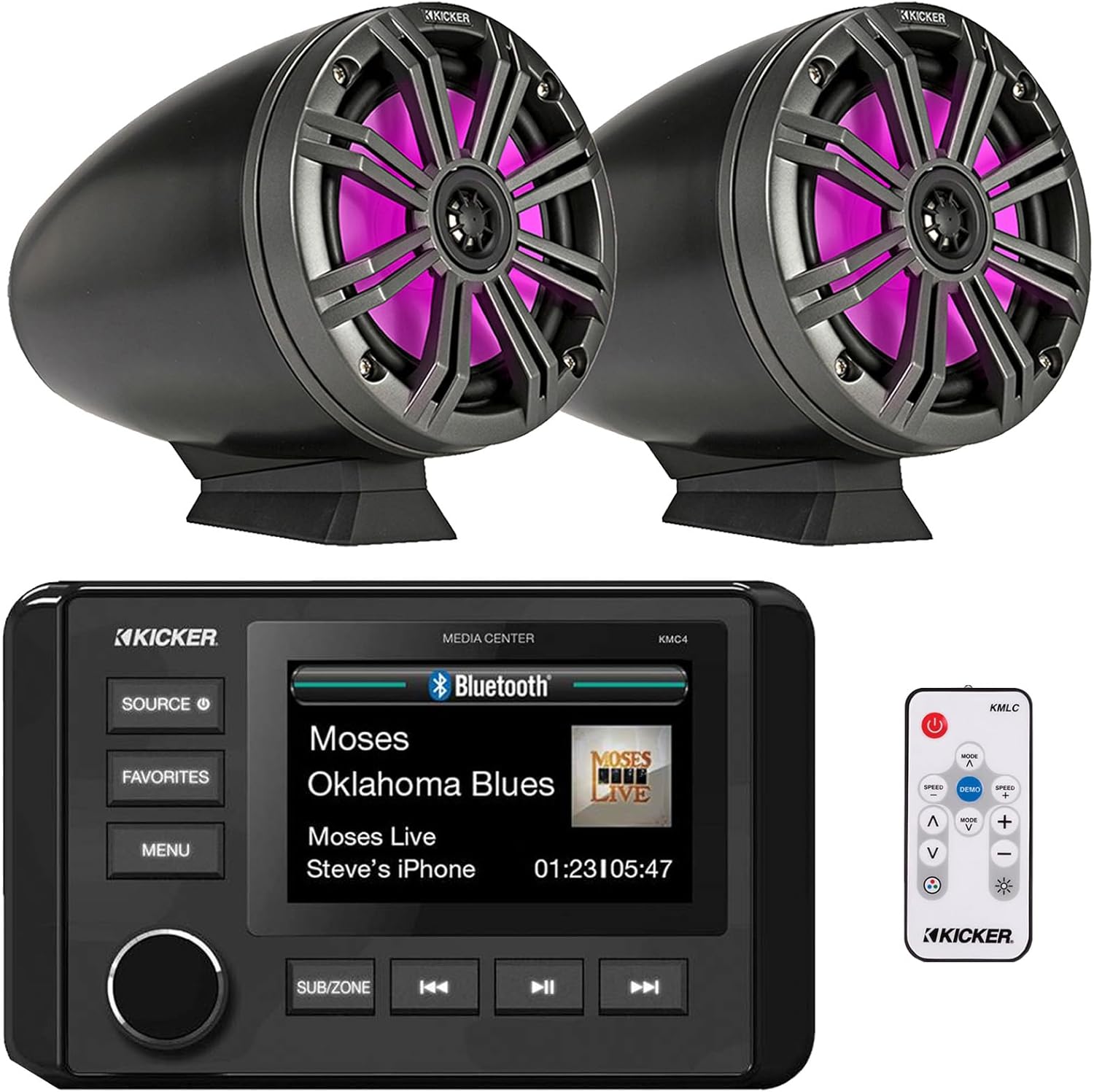 Kicker 51KMC4 3" LCD Marine Bluetooth Weather-Resistant Gauge-Style AM/FM WB/USB/AUX Media Center Receiver, 2x 6.5" 195W Max Power RGB LED Black Tower Boat Speakers W/Charcoal Grilles, LED Controller
