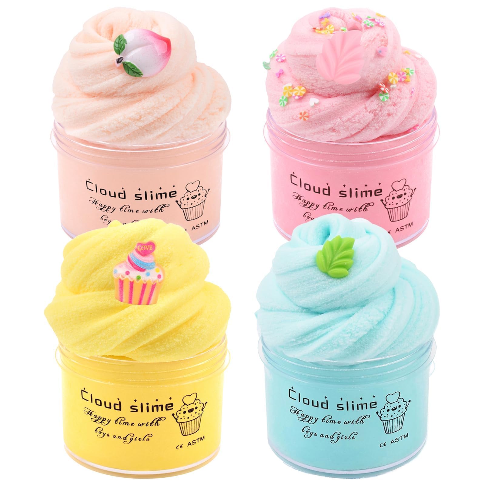 4 Pack Cloud Slime Kit, DIY Stress Relief Toy with Cute Slime Fun Charms, for Kids Party Favors, Girls Boys Birthday Gift