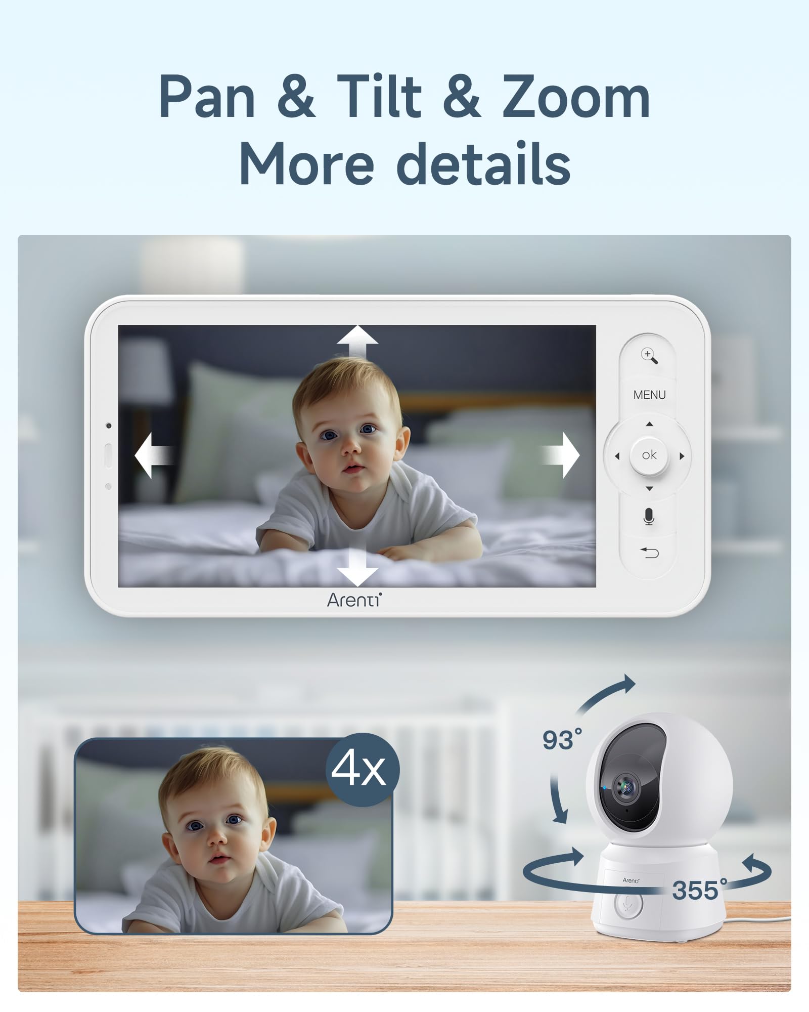 ARENTI Baby Monitor Wifi,Baby Monitor con Telecamera,5 Pollici 1080P,Zoom 4x,Audio Bidirezionale,Rilevamento Movimento e Pianto,Visione Notturna,Doppio Controllo (App e Monitor)