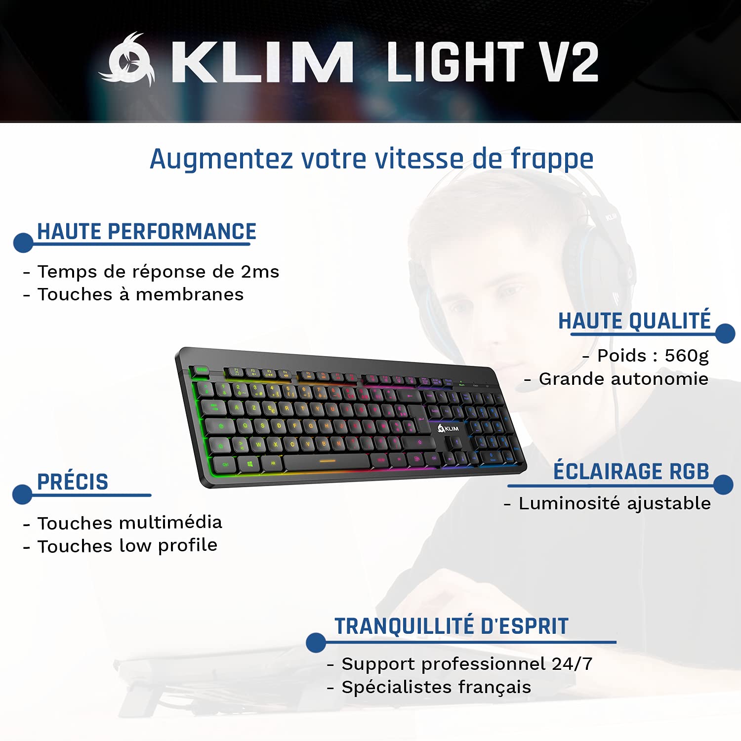 KLIM Light V2 Clavier sans Fil AZERTY + Nouveauté 2024 + Fin, Discret, Waterproof, Silencieux + Clavier Gamer rétroéclairé pour PC Mac PS4 PS5 + Batterie Intégrée Longue Durée
