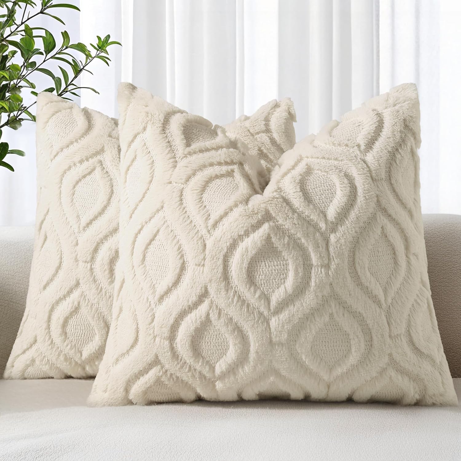 decorUhome Faux Fur Plush Soft Beige Throw Pillow Covers 12x12 Set of 2