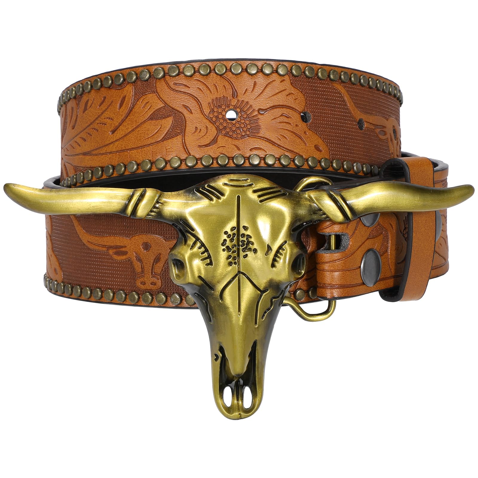 WOWOGO Western Cowboy Cowgirl Belt for Men and Women Engraved Floral Longhorn Bull Cow Skull Buckle Belt