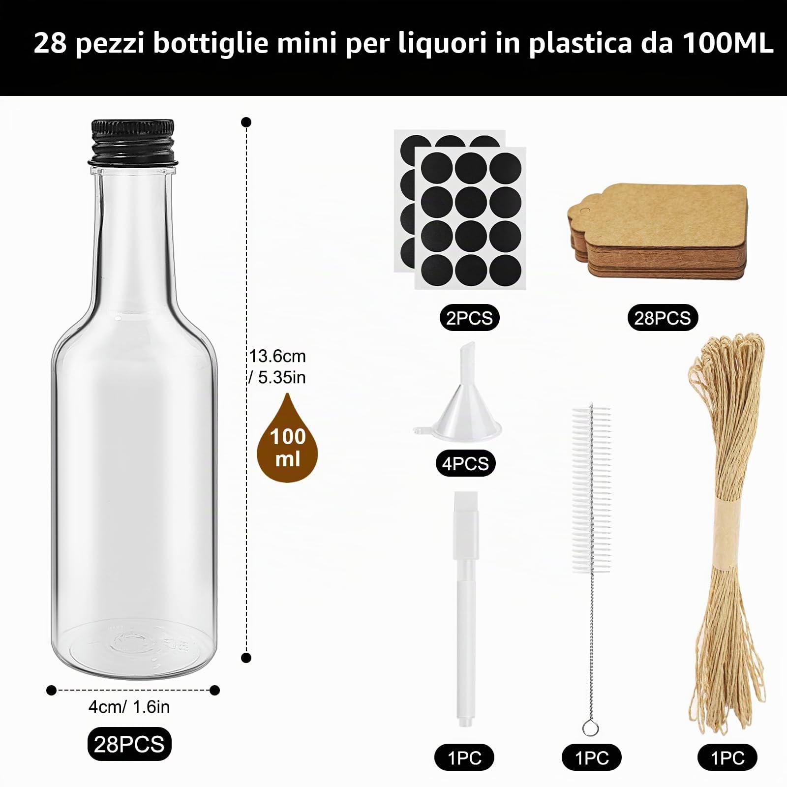 28 Pezzi Mini Bottiglie Alcolici di Plastica, 100ml Bottiglie di Liquore, Riutilizzabili Mini Bottiglie Liquori con Imbuto, Penna bianca, Cartellini per Matrimoni Feste