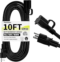 Vockjour 10 Ft 16/3 SJTW Black Outdoor Extension Cord Waterproof 13A 1625W Heavy Duty Indoor/Outdoor Flexible Power Cable