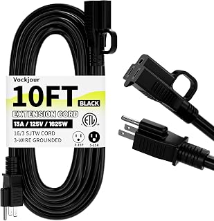 Vockjour 16/3 10ft Black Outdoor Extension Cord Waterproof, 13A 1625W SJTW Heavy-Duty Flexible for Indoor/Outdoor Use