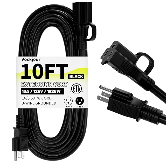 16 3 Black Indoor Outdoor Extension Cord 10 Ft Waterproof Extension Cord with 3 Prong Grounded Plug 13A