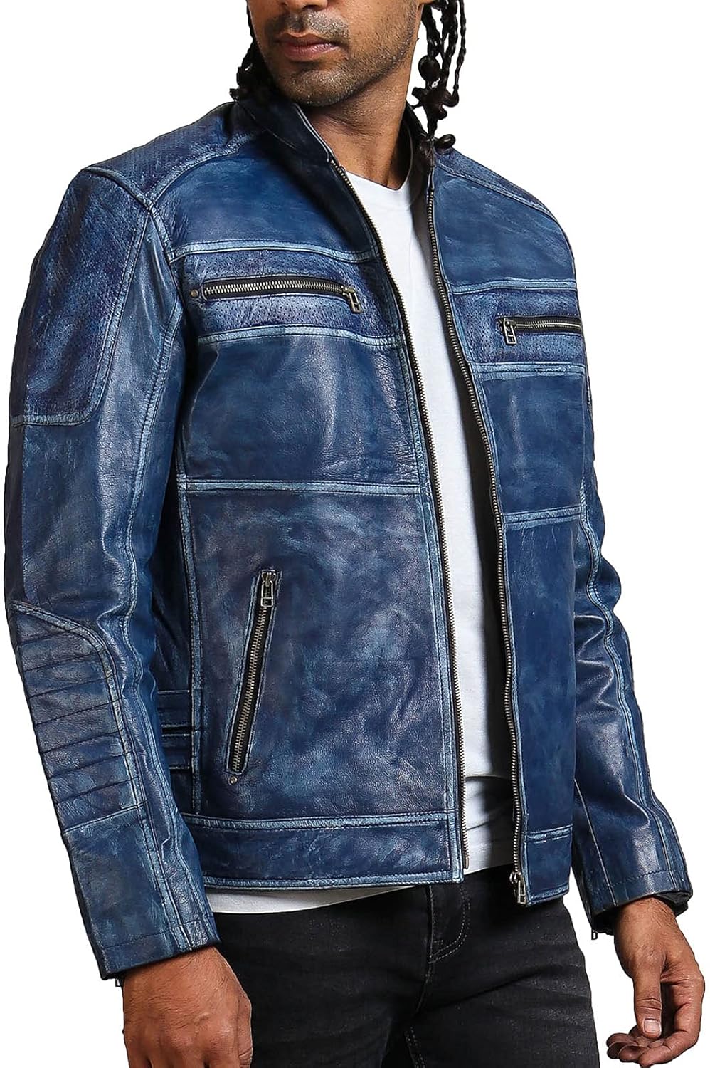 Blue Cafe Racer Leather Jacket - Men's Fashion Biker Jacket