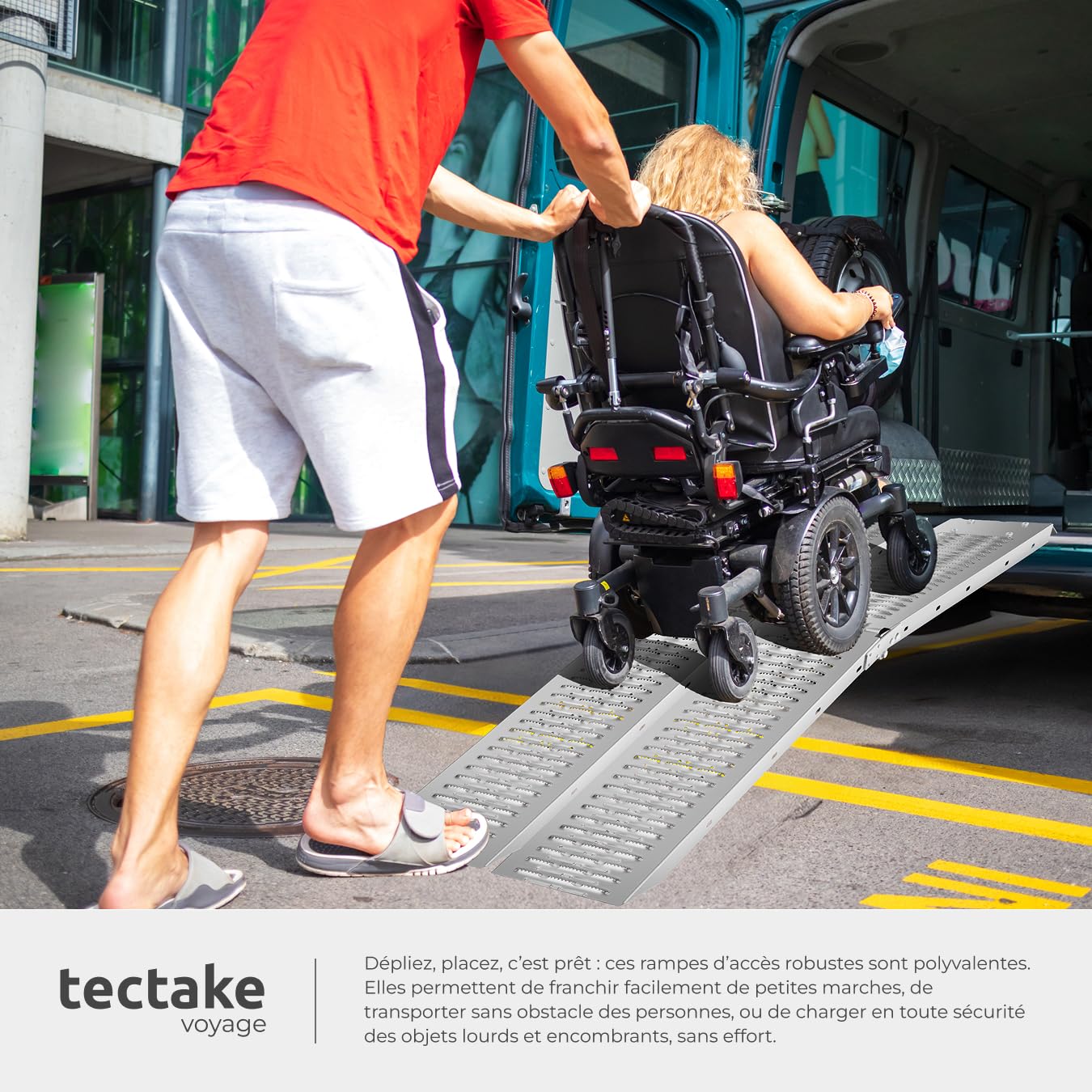 tectake® 2X Rampe d'accès 400 kg, Rampe de Chargement Pliable, en Acier galvanisé, Antidérapant, 200 kg pièce, 400 kg la Paire, Rampe Fauteuil Roulant Moto Quad Voiture Vélo éléctrique Tondeuse Chien