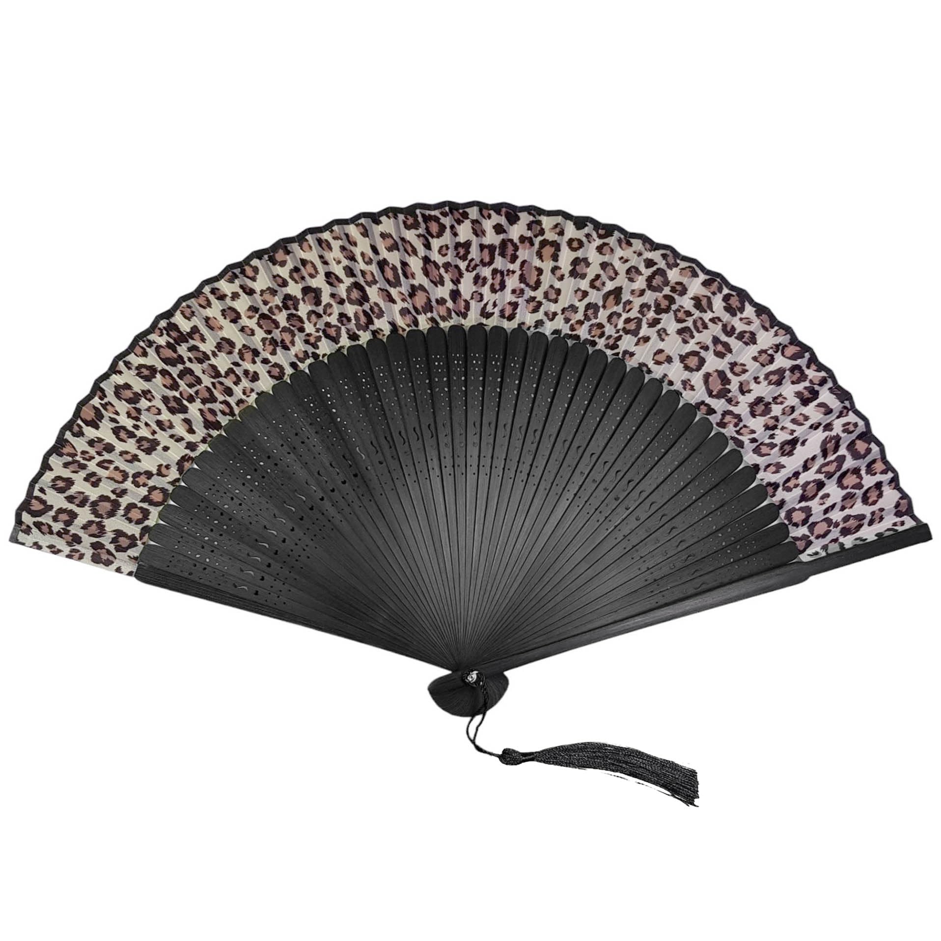 GFM® Bamboo Silk Handheld Folding Japanese Chinese Hand Fan for Summer, Wedding, Party Favour (MR-E) (F29-Leopard Black)(FLSLK-F29-LPD-KL) — image 1